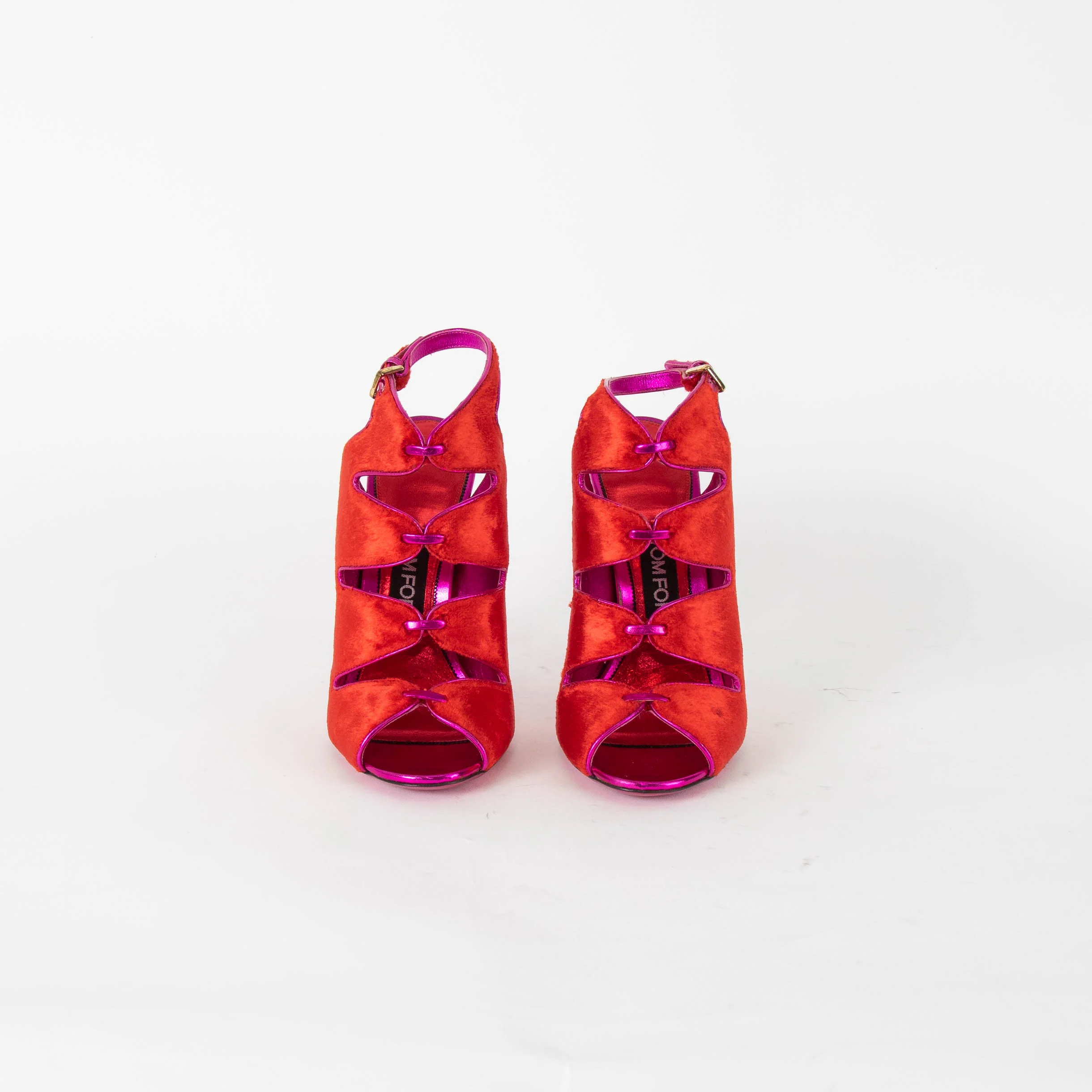 Tom Ford Red Velvet Fuchsia Metallic Heeled Sandals - Image 3
