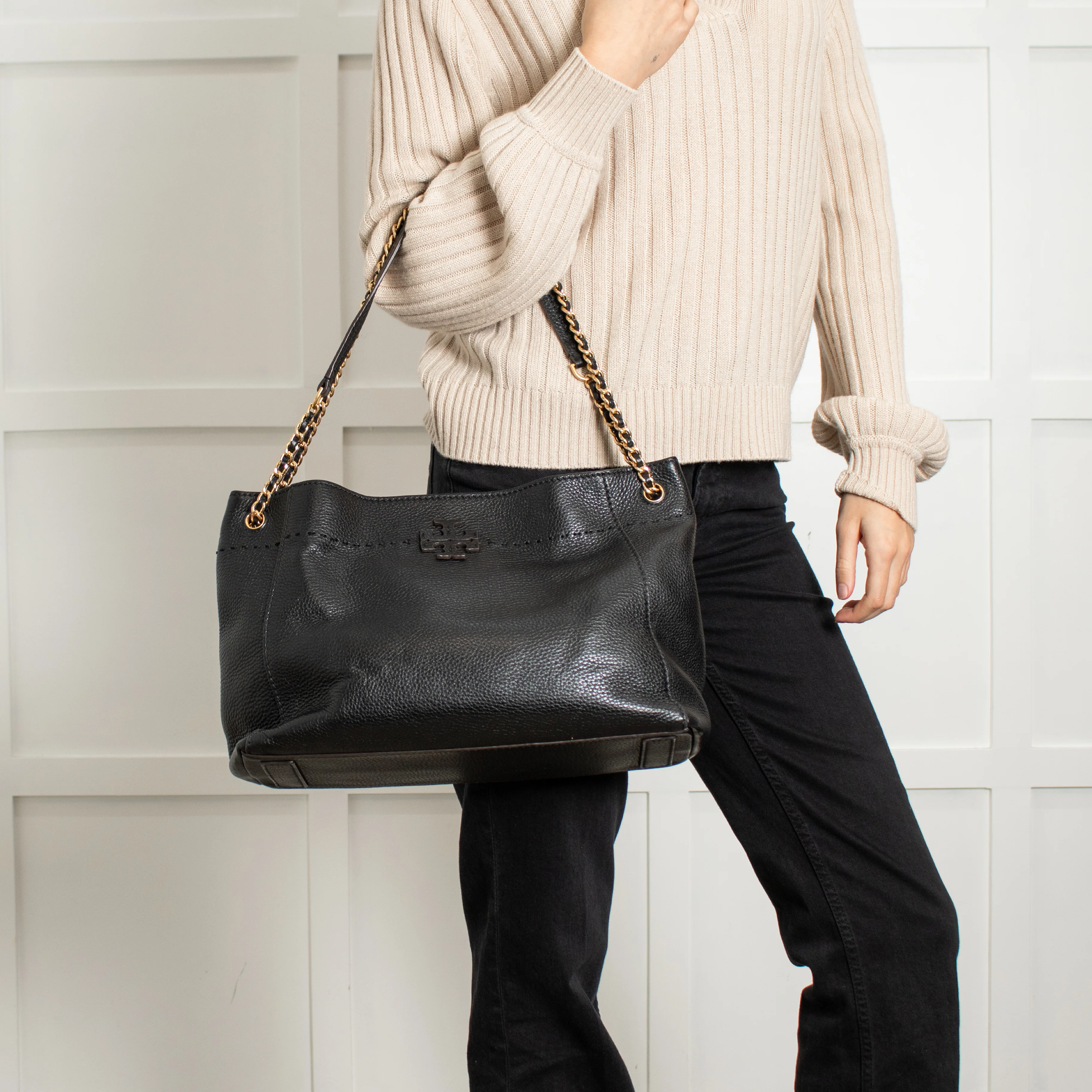 Tory Burch Black Grainy Leather McGraw Chain Shoulder Tote Bag - Image 4