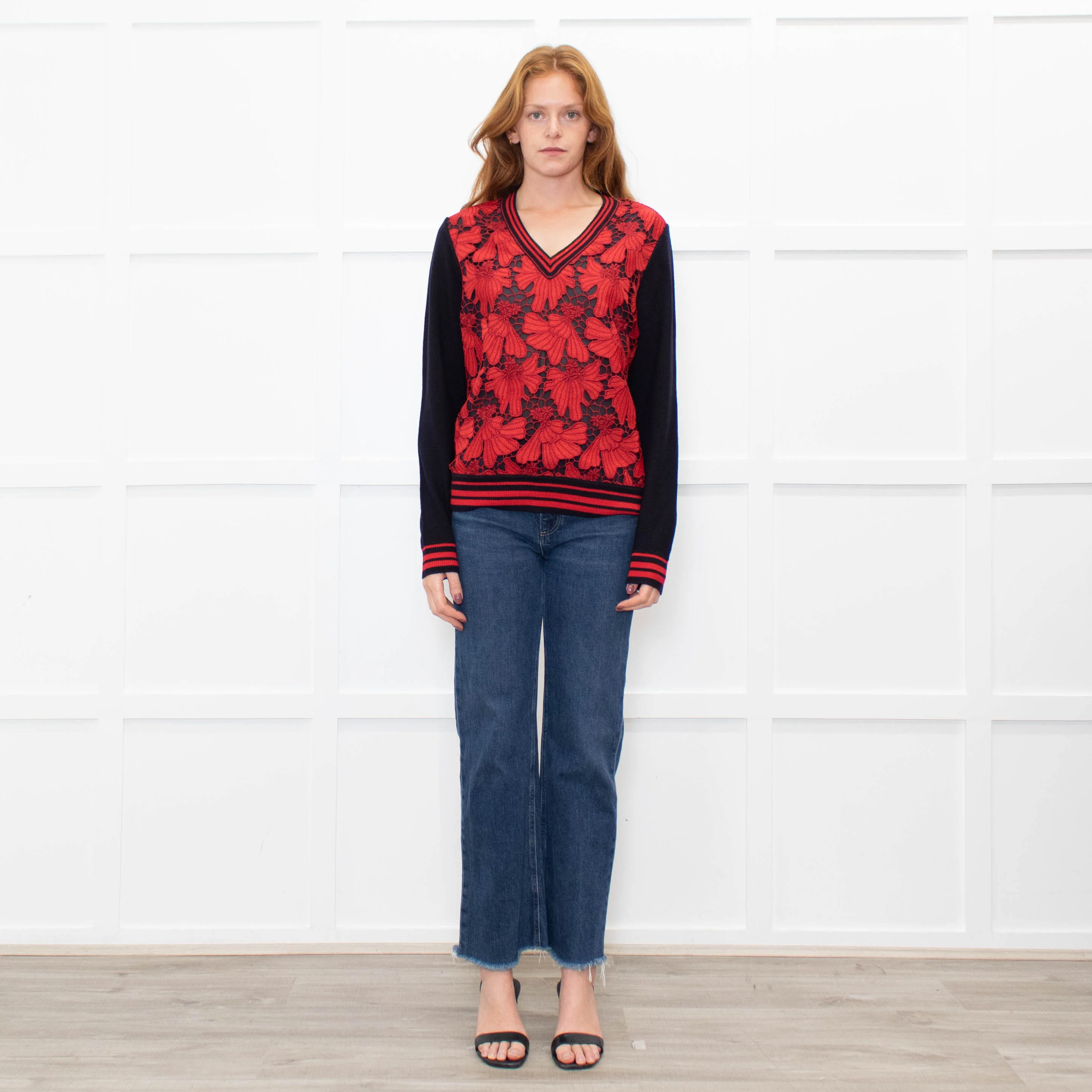 Tory Burch Navy Blue Red Lace Front V-Neck Sweater