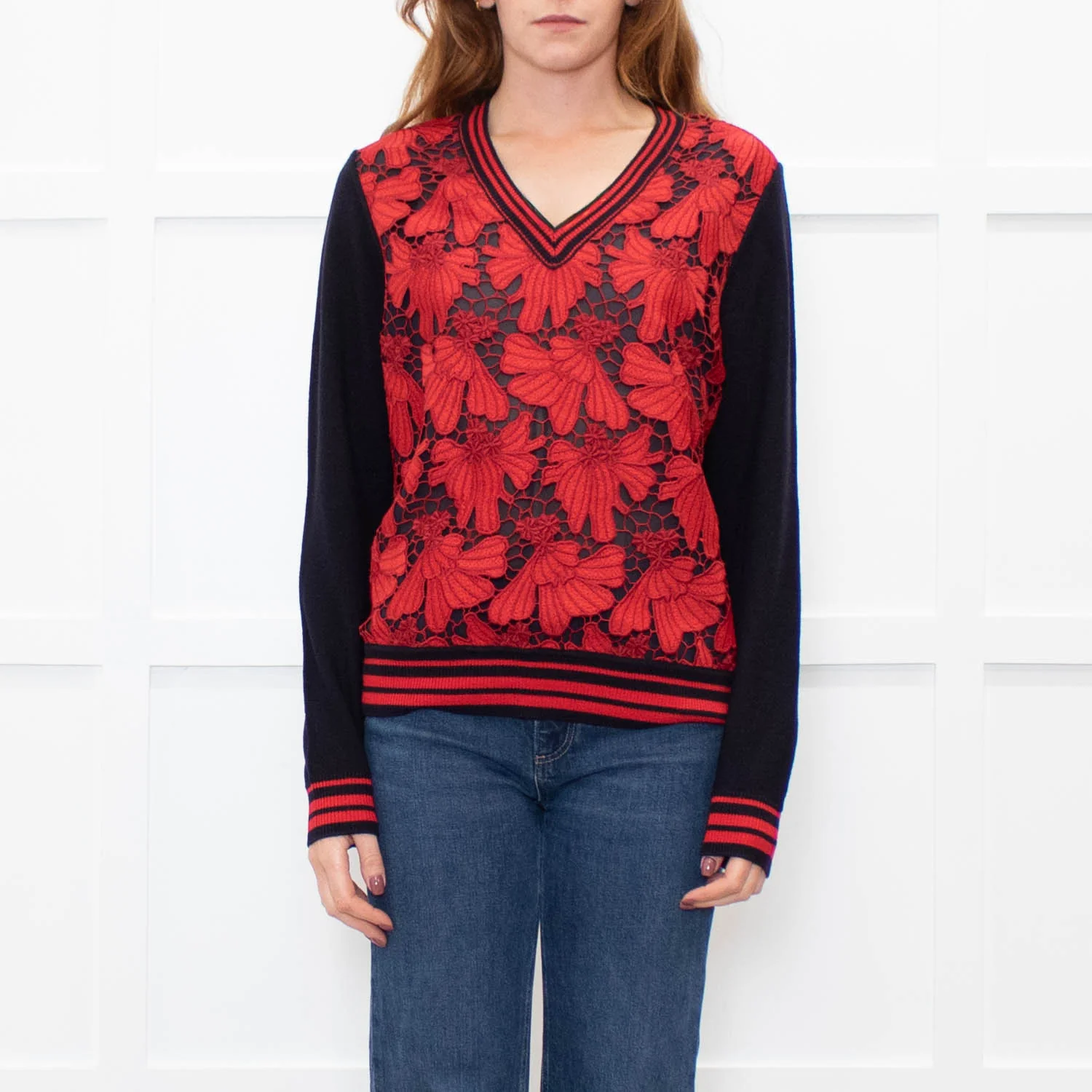 Tory Burch Navy Blue Red Lace Front V-Neck Sweater - Image 2