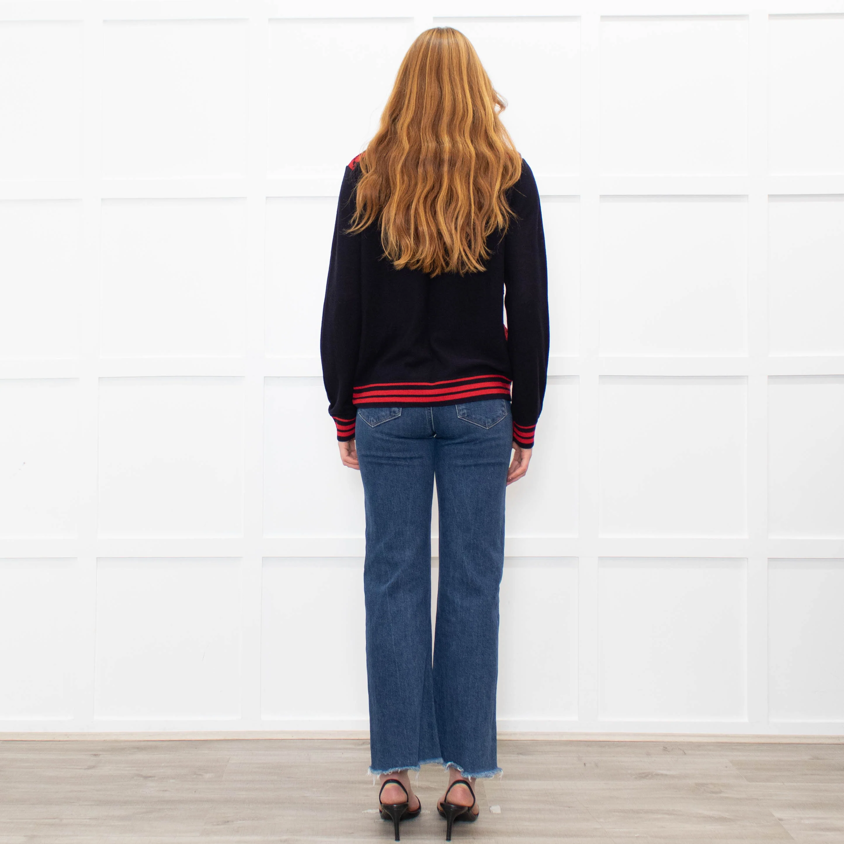Tory Burch Navy Blue Red Lace Front V-Neck Sweater - Image 5