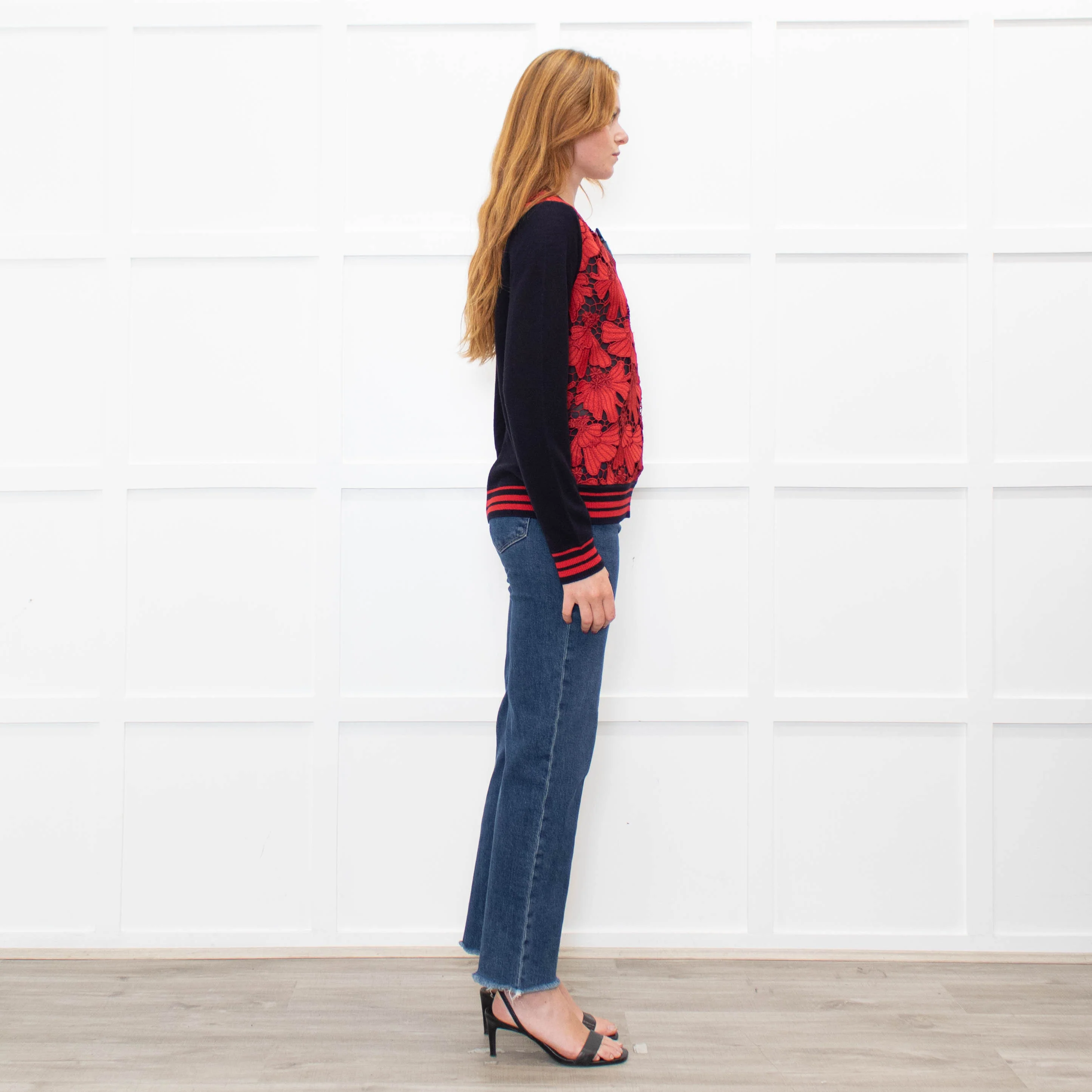 Tory Burch Navy Blue Red Lace Front V-Neck Sweater - Image 6