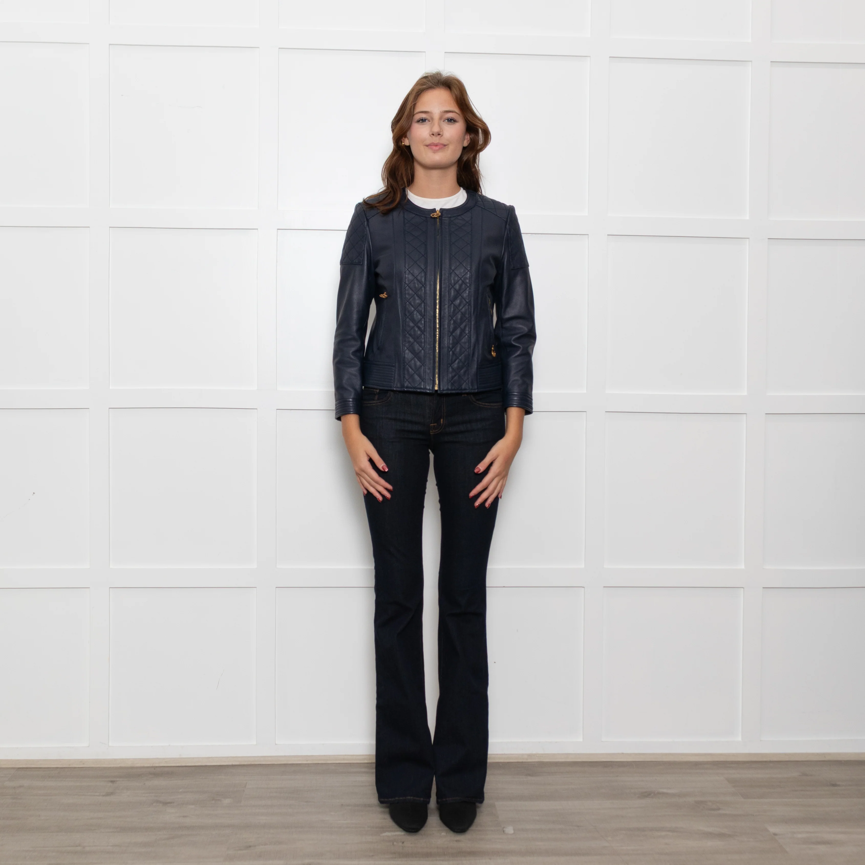 Tory Burch Blue Leather Quilted Trim Zip Up Jacket