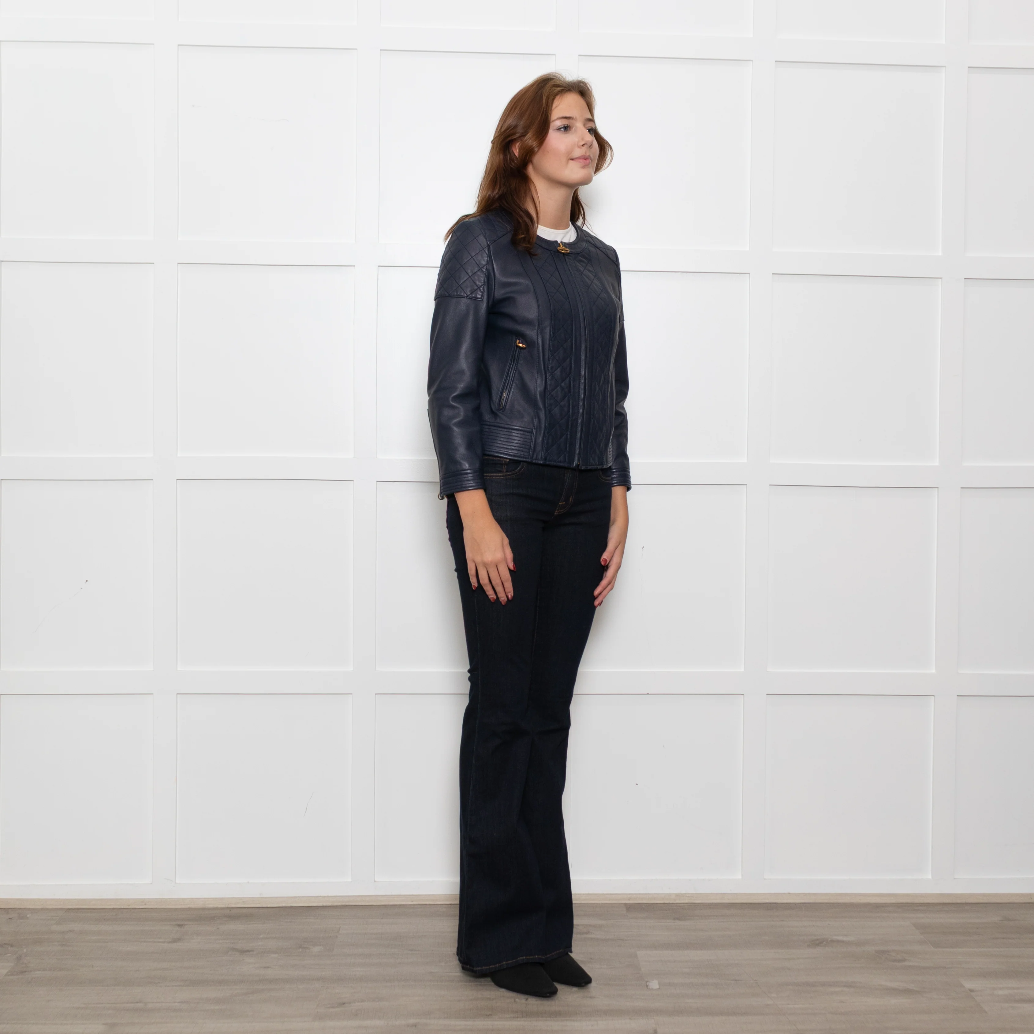 Tory Burch Blue Leather Quilted Trim Zip Up Jacket - Image 7