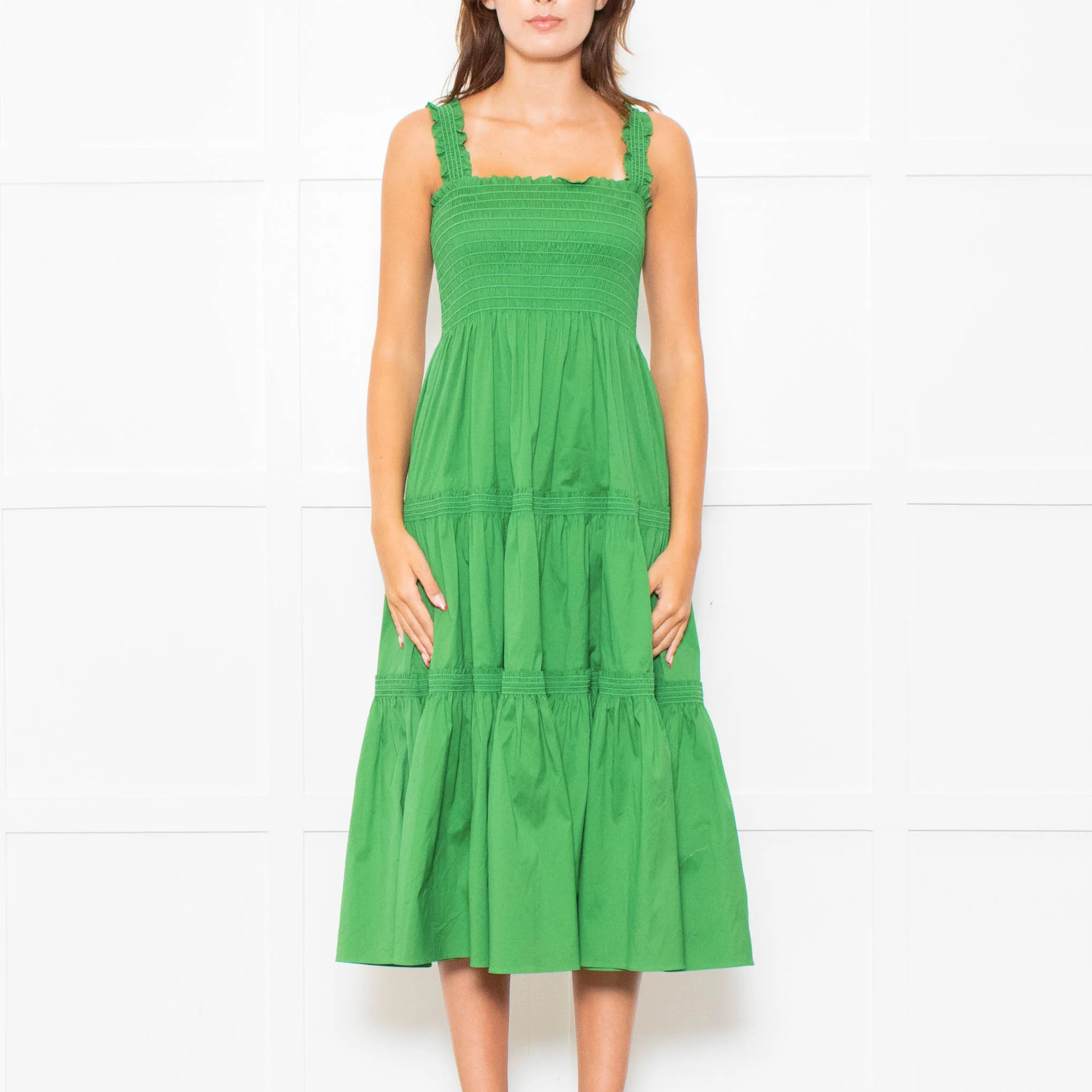 Tory Burch Green Smocked Waist Strappy Tiered Dress - Image 2