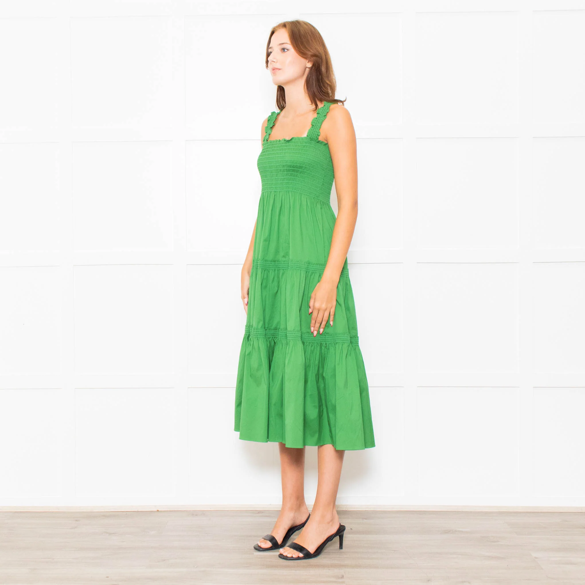 Tory Burch Green Smocked Waist Strappy Tiered Dress - Image 3