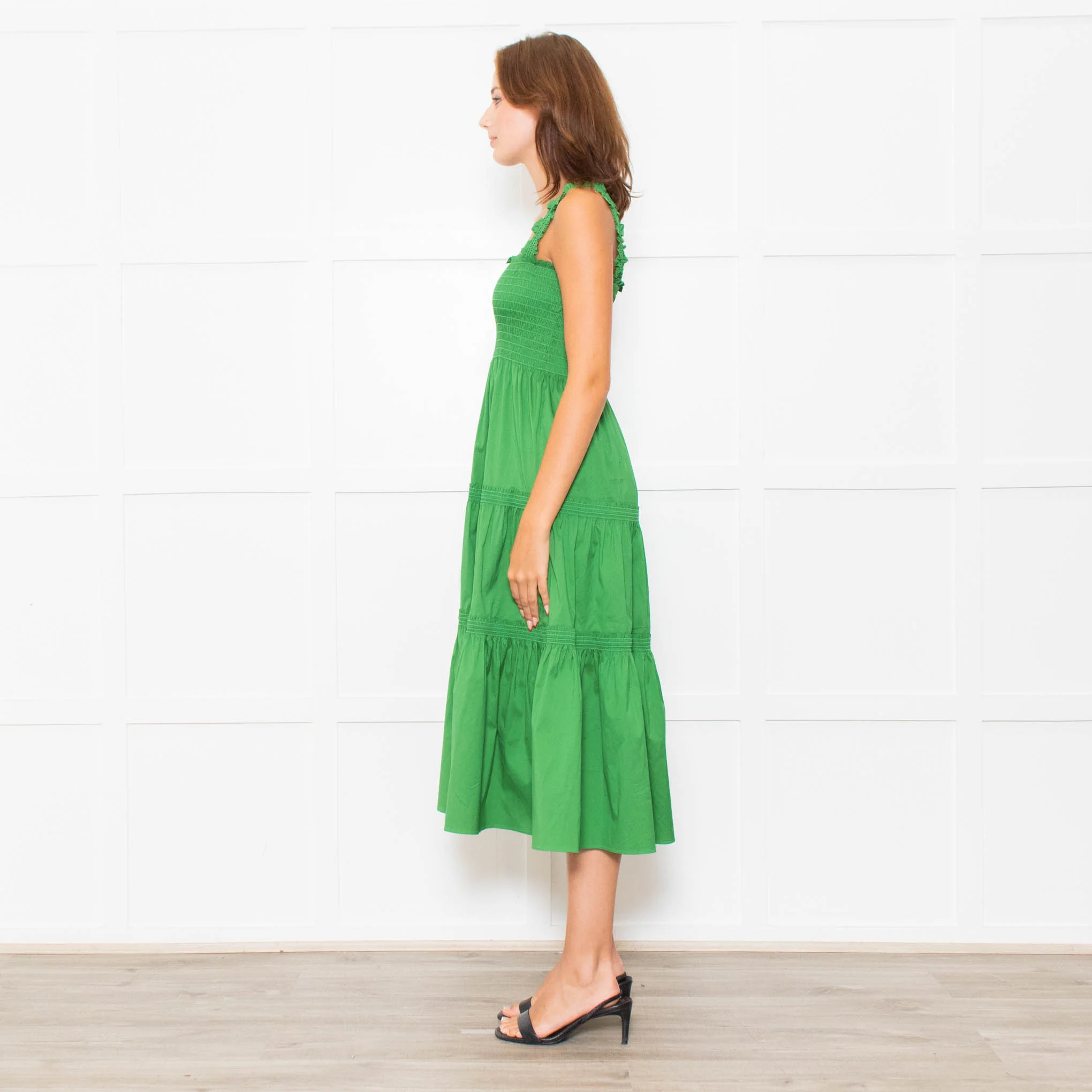 Tory Burch Green Smocked Waist Strappy Tiered Dress - Image 4