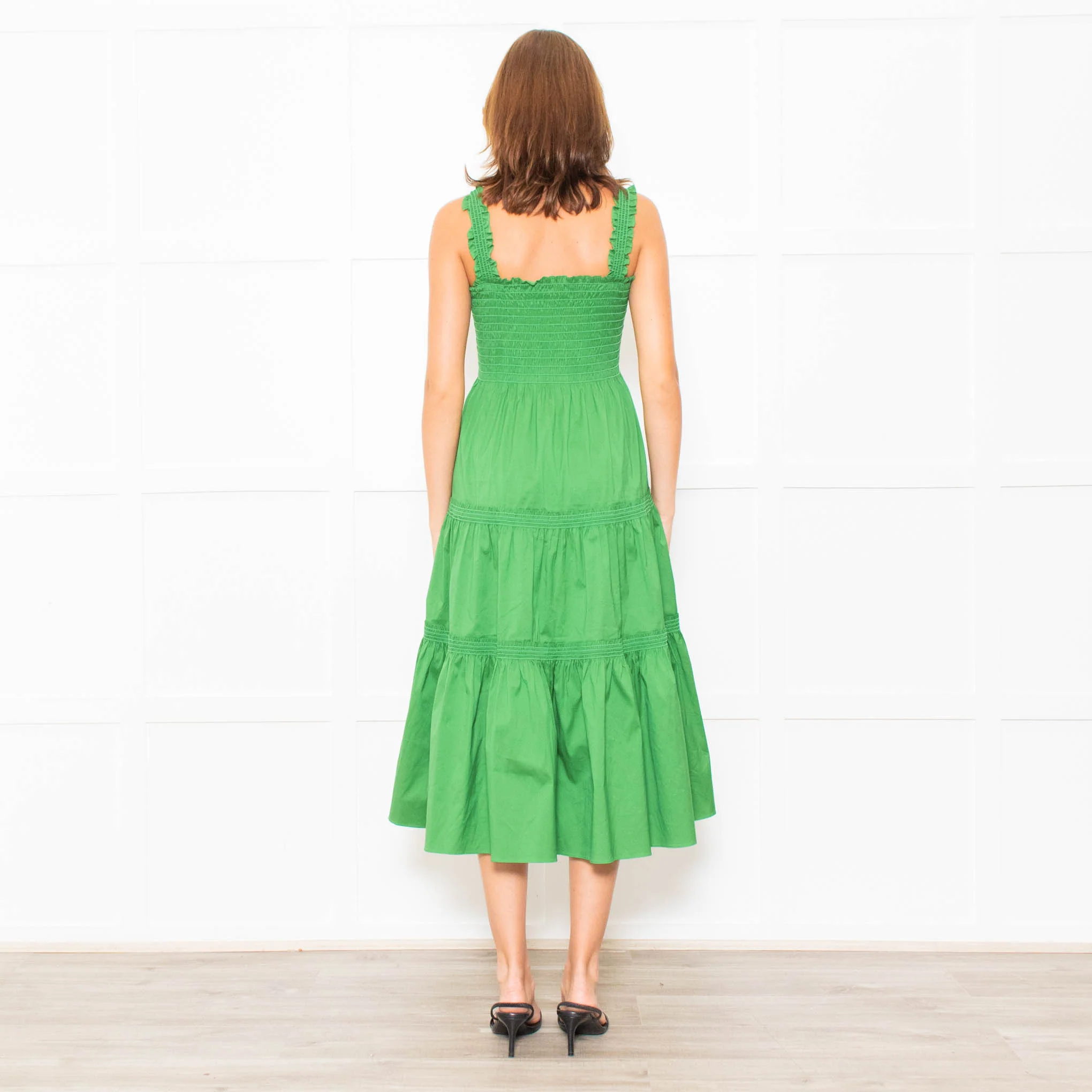 Tory Burch Green Smocked Waist Strappy Tiered Dress - Image 5