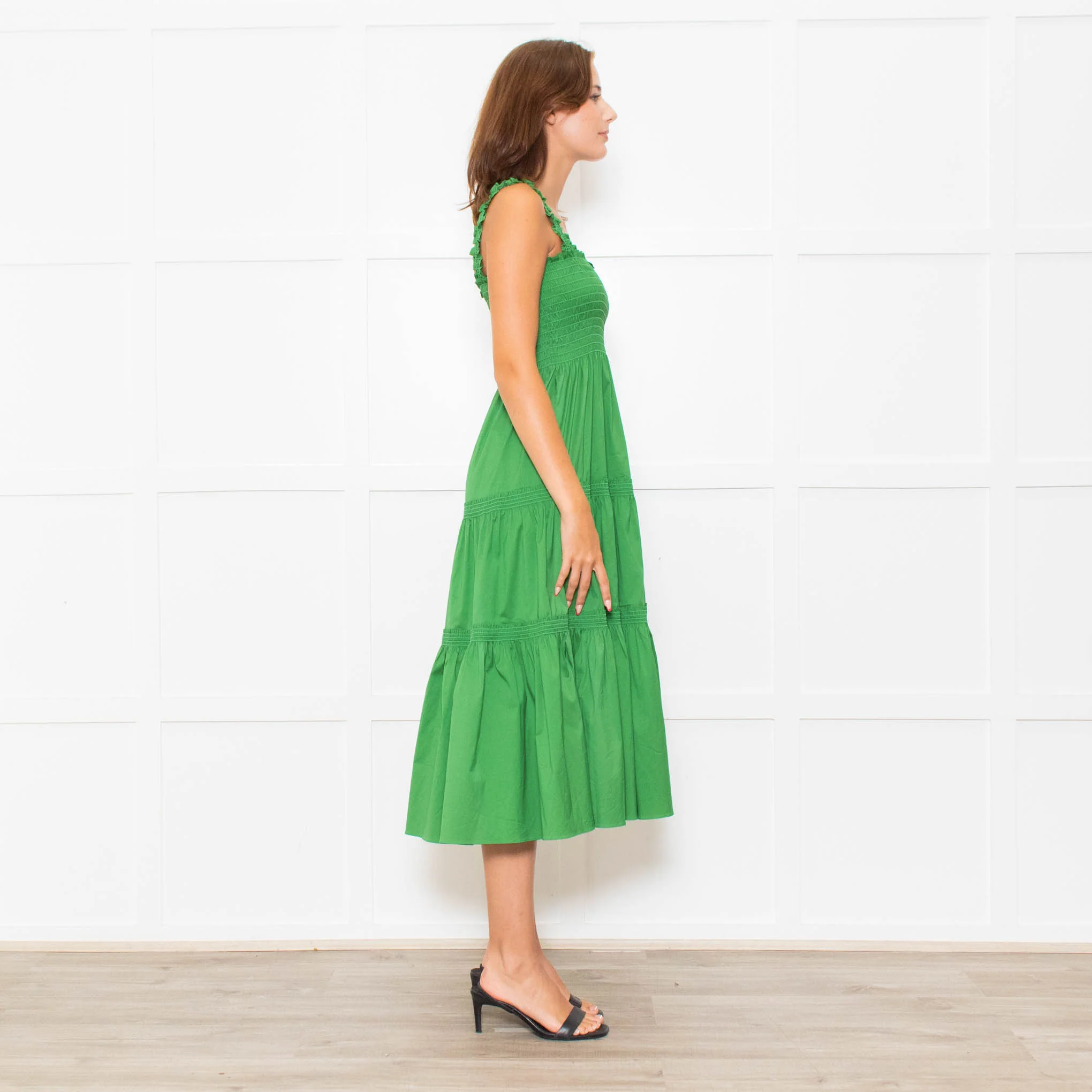 Tory Burch Green Smocked Waist Strappy Tiered Dress - Image 6