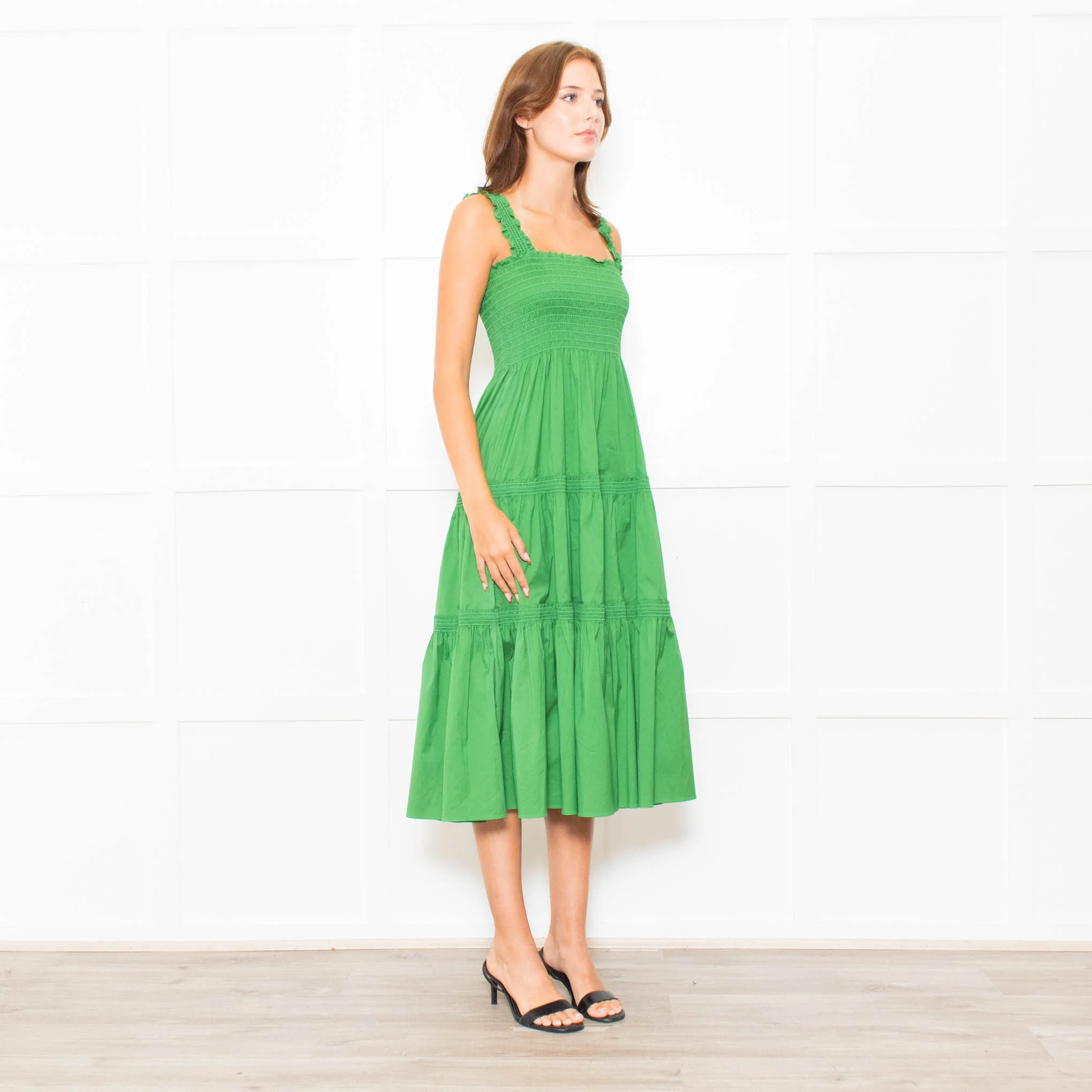 Tory Burch Green Smocked Waist Strappy Tiered Dress - Image 7