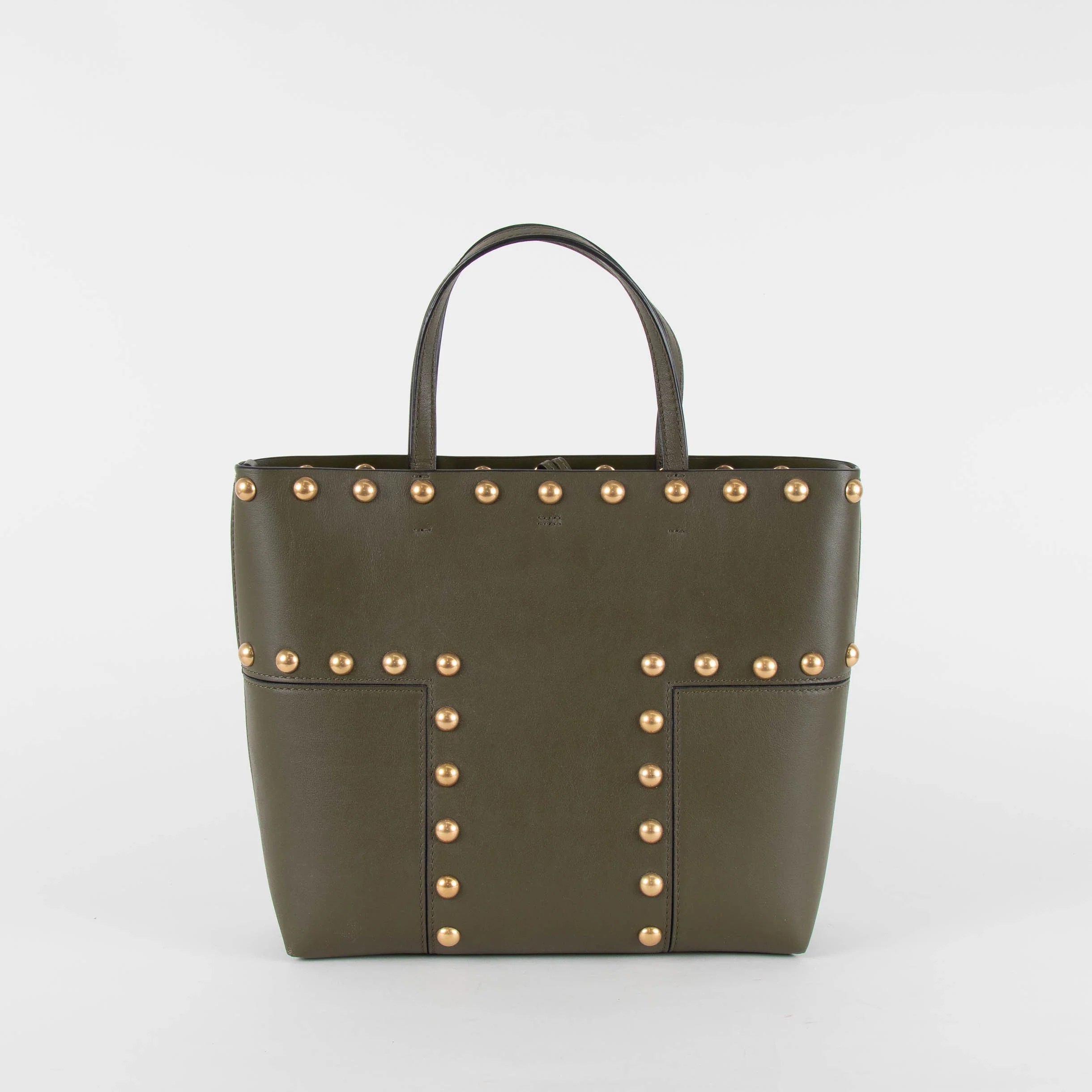 Tory Burch Khaki T Studded Leather Tote Bag