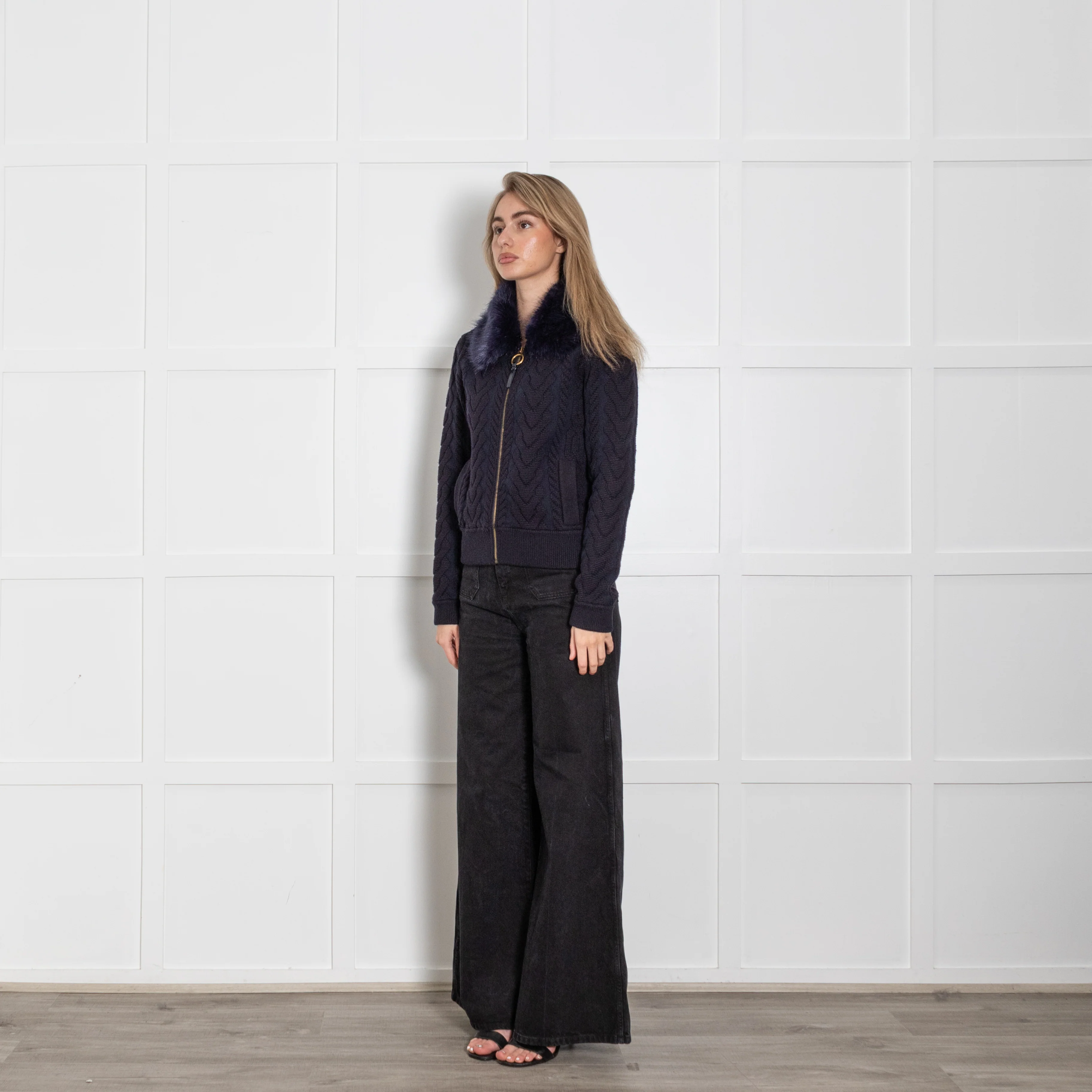 Tory Burch Navy Blue Cable Faux Fur Collar Zip Cardigan - Image 3