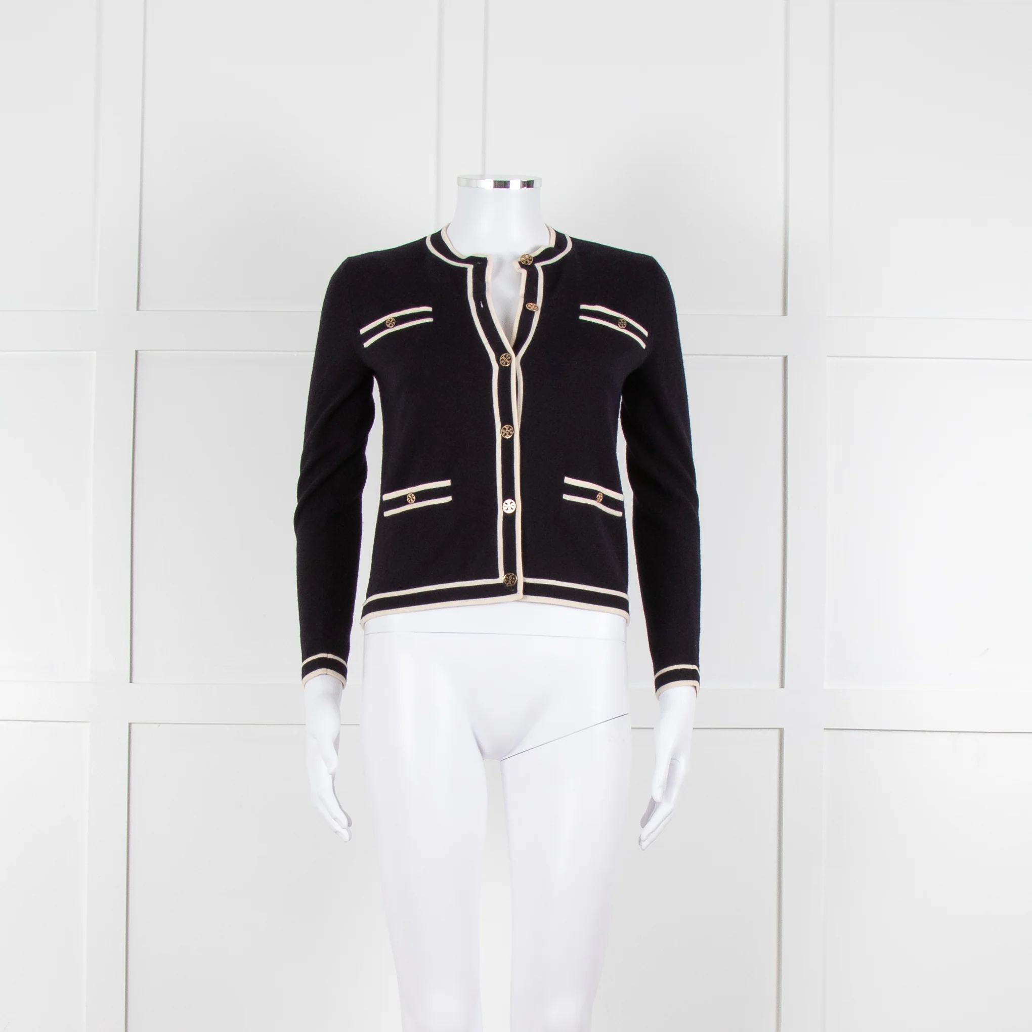 Tory Burch Navy Blue Cream Trim Knitted Merino Wool Cardigan