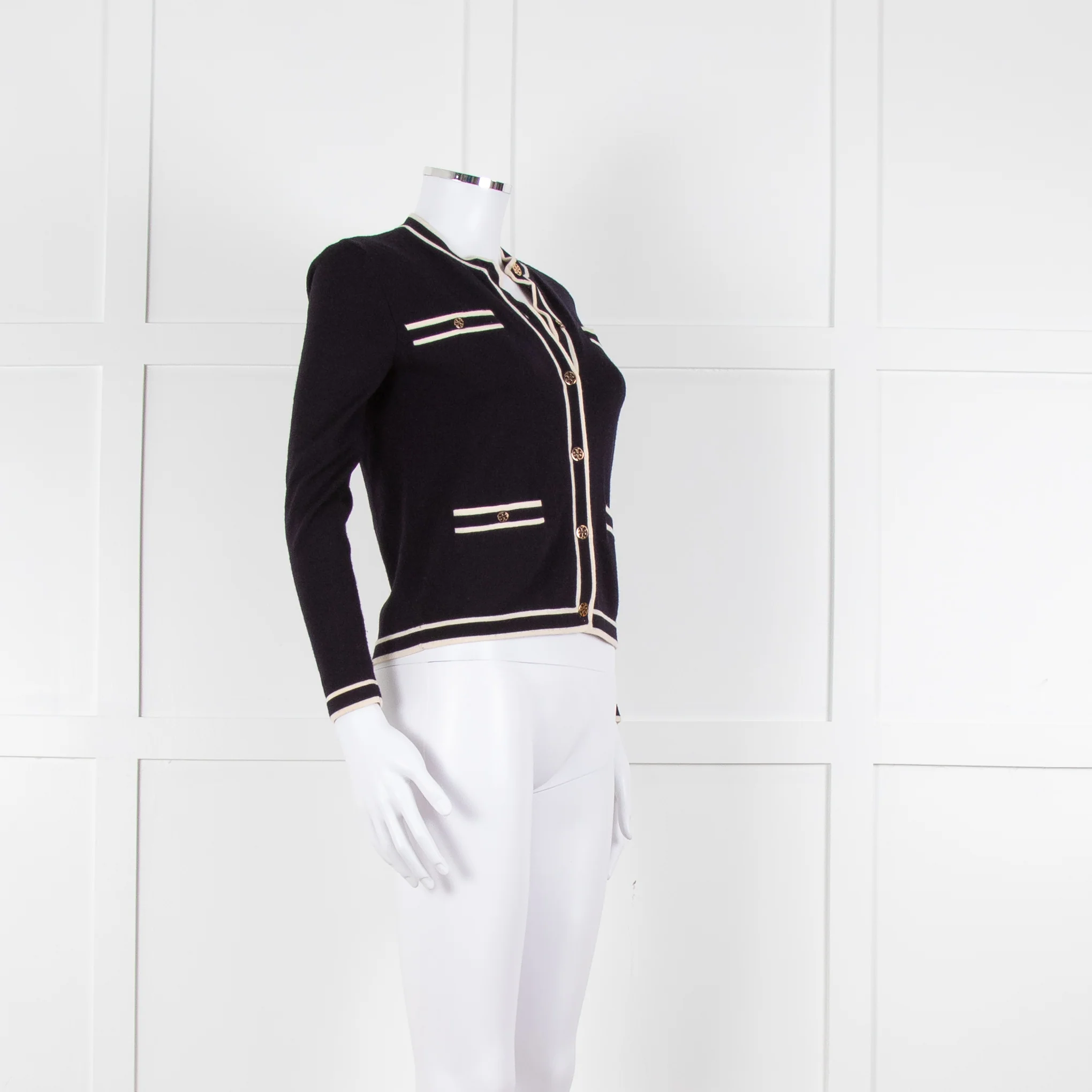 Tory Burch Navy Blue Cream Trim Knitted Merino Wool Cardigan - Image 2