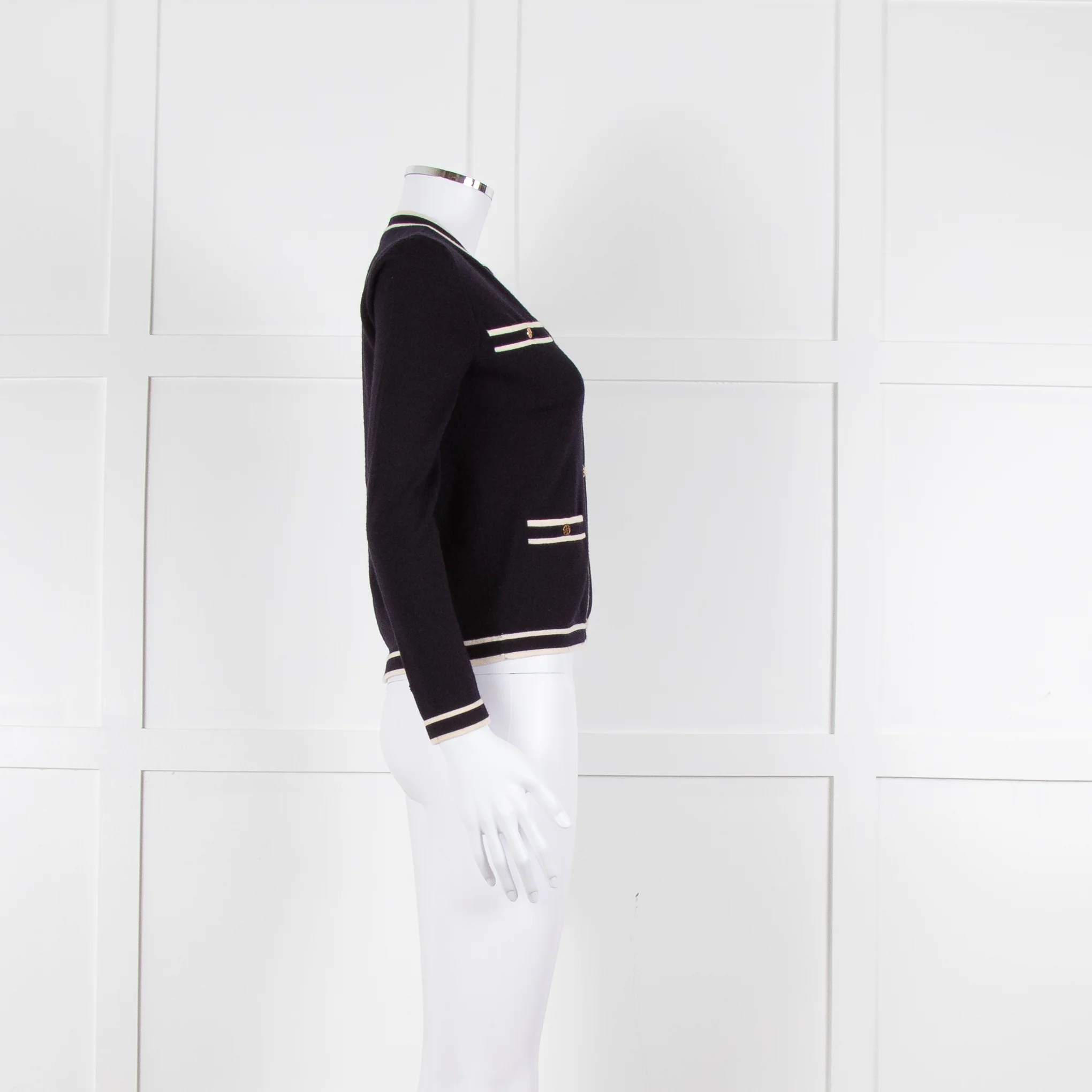 Tory Burch Navy Blue Cream Trim Knitted Merino Wool Cardigan - Image 3