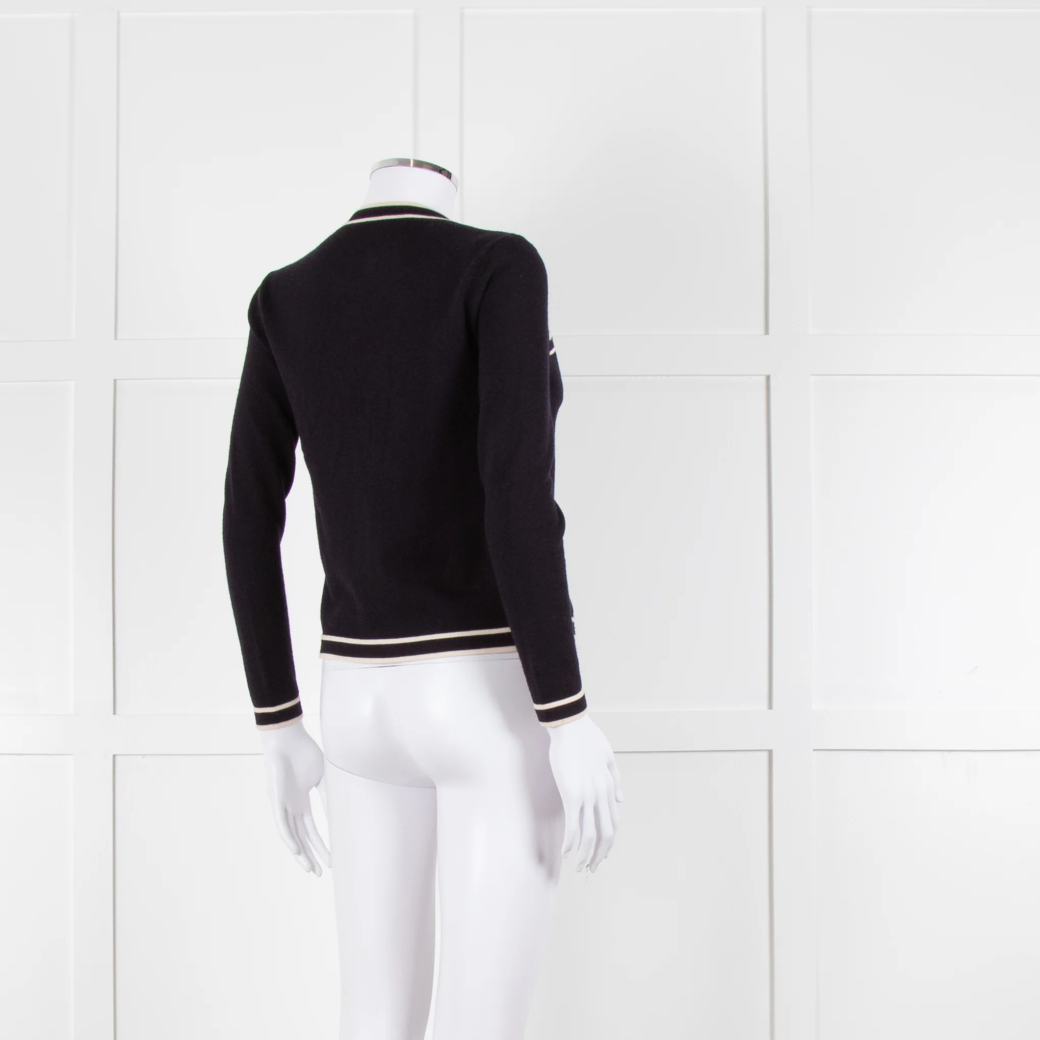 Tory Burch Navy Blue Cream Trim Knitted Merino Wool Cardigan - Image 4
