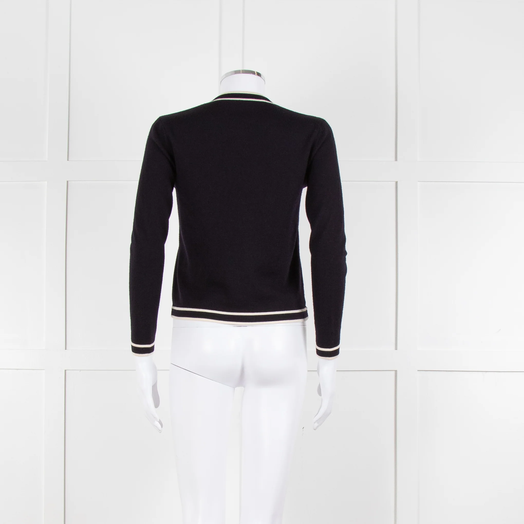 Tory Burch Navy Blue Cream Trim Knitted Merino Wool Cardigan - Image 5