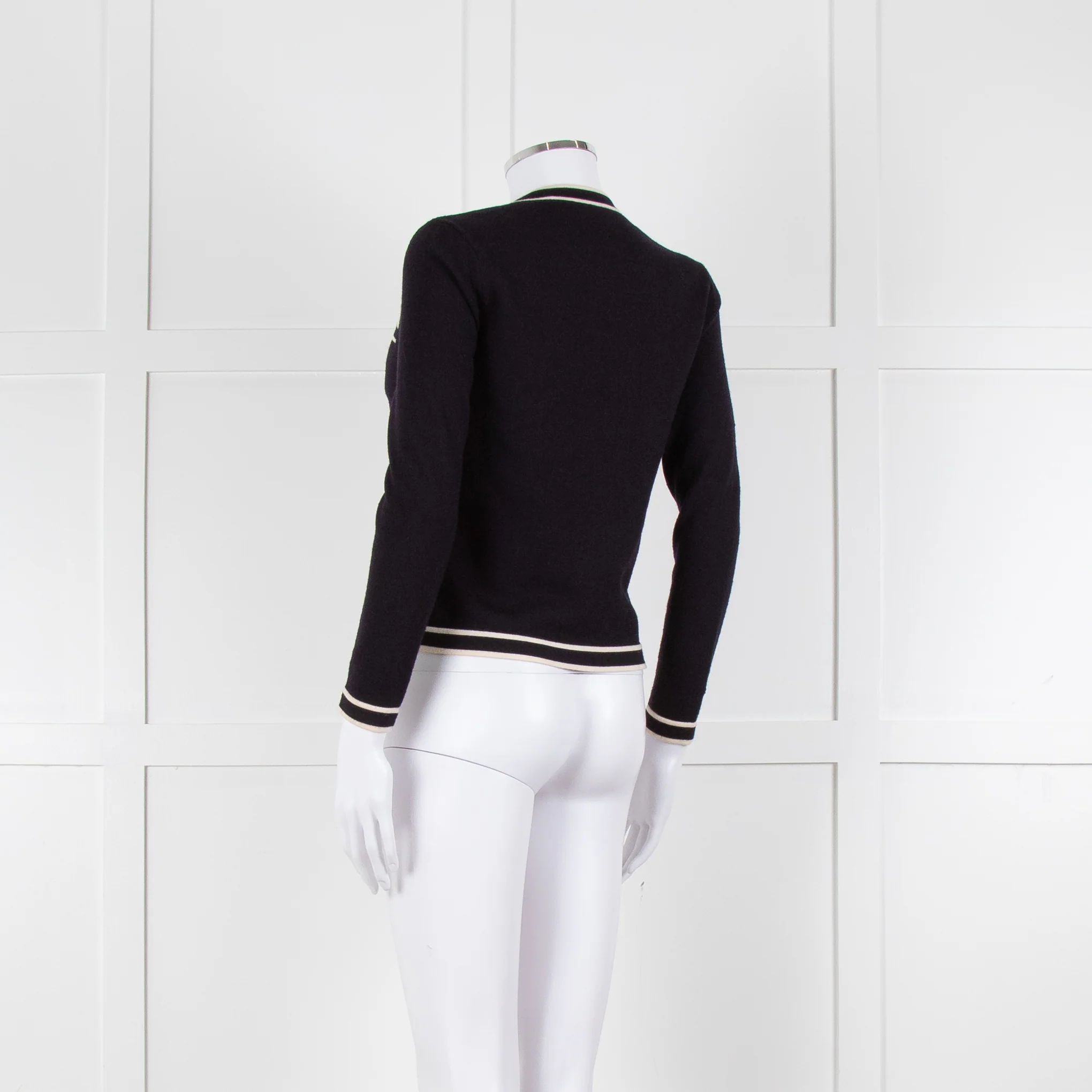 Tory Burch Navy Blue Cream Trim Knitted Merino Wool Cardigan - Image 6
