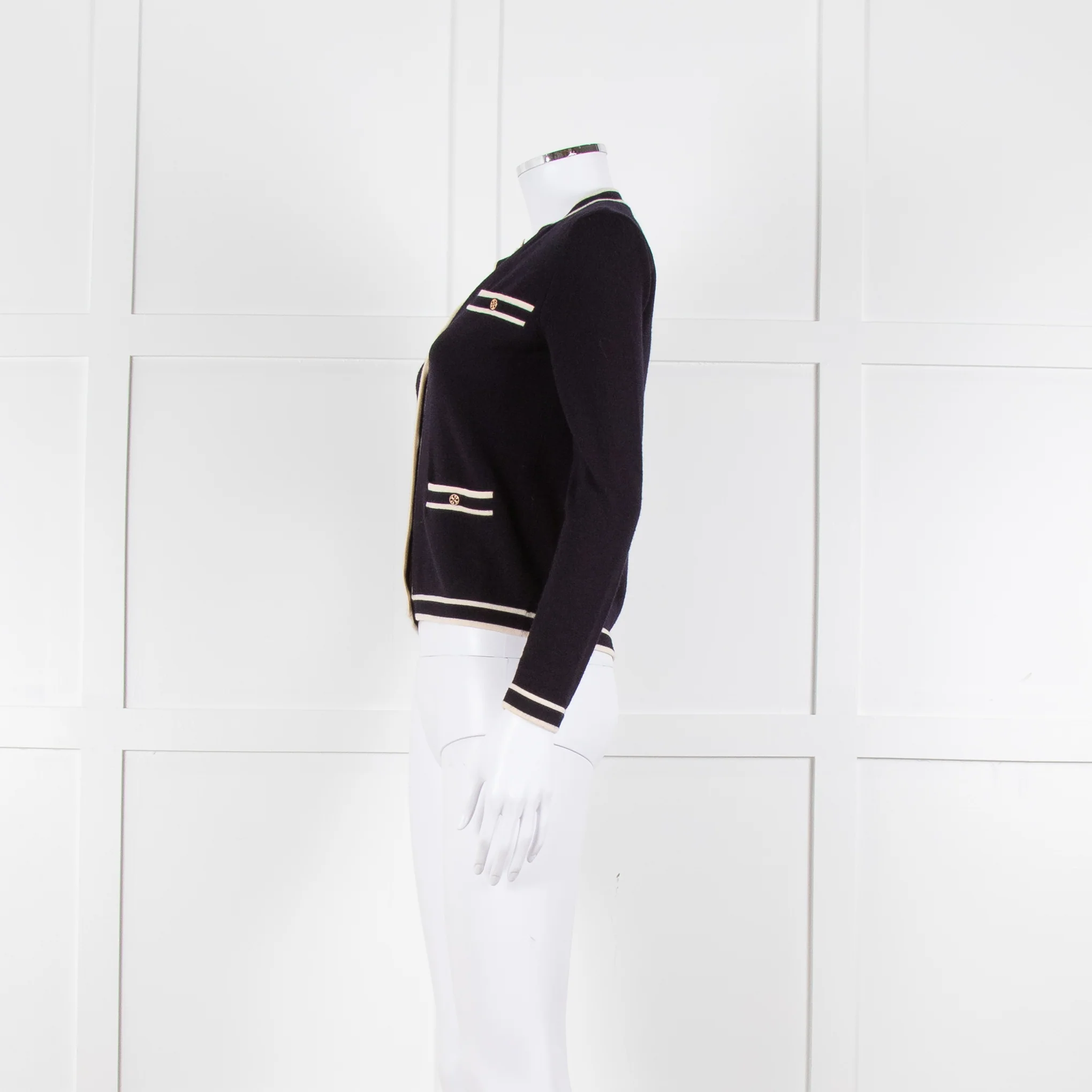 Tory Burch Navy Blue Cream Trim Knitted Merino Wool Cardigan - Image 7