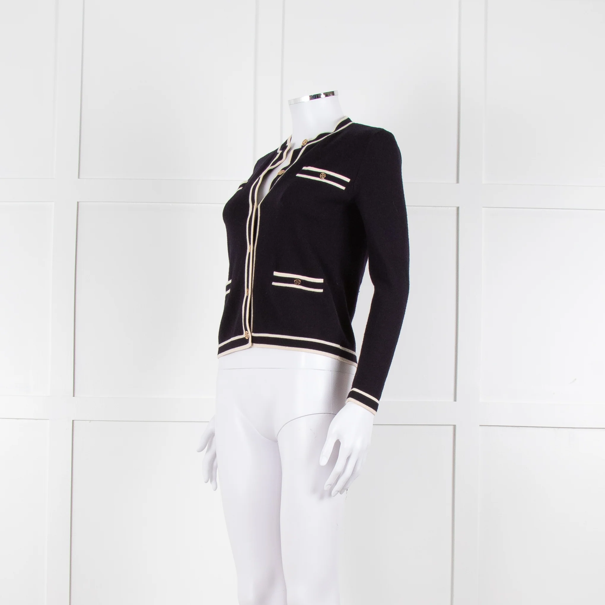 Tory Burch Navy Blue Cream Trim Knitted Merino Wool Cardigan - Image 8