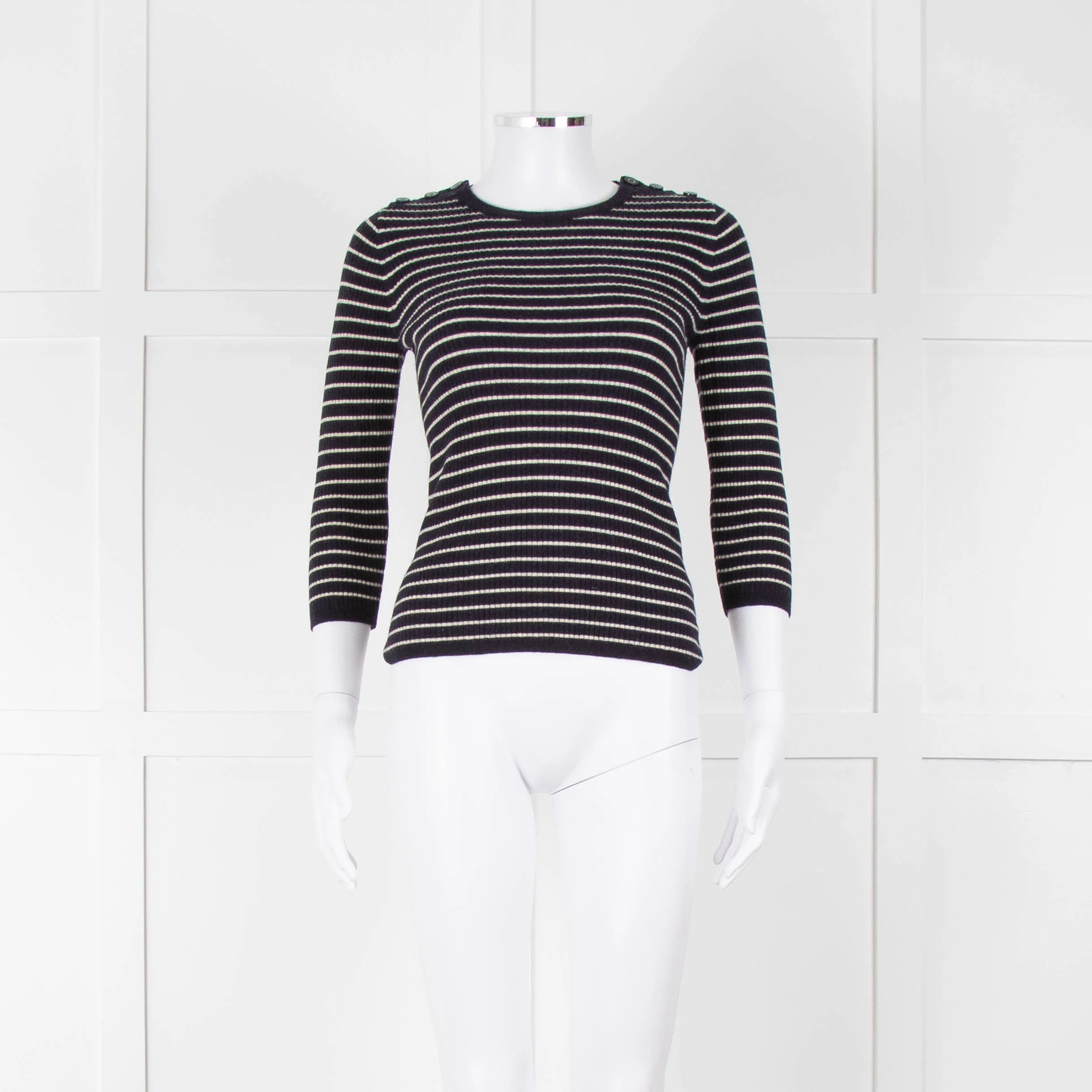Tory Burch Navy Cream Stripe Wool Button Shoulder Jumper