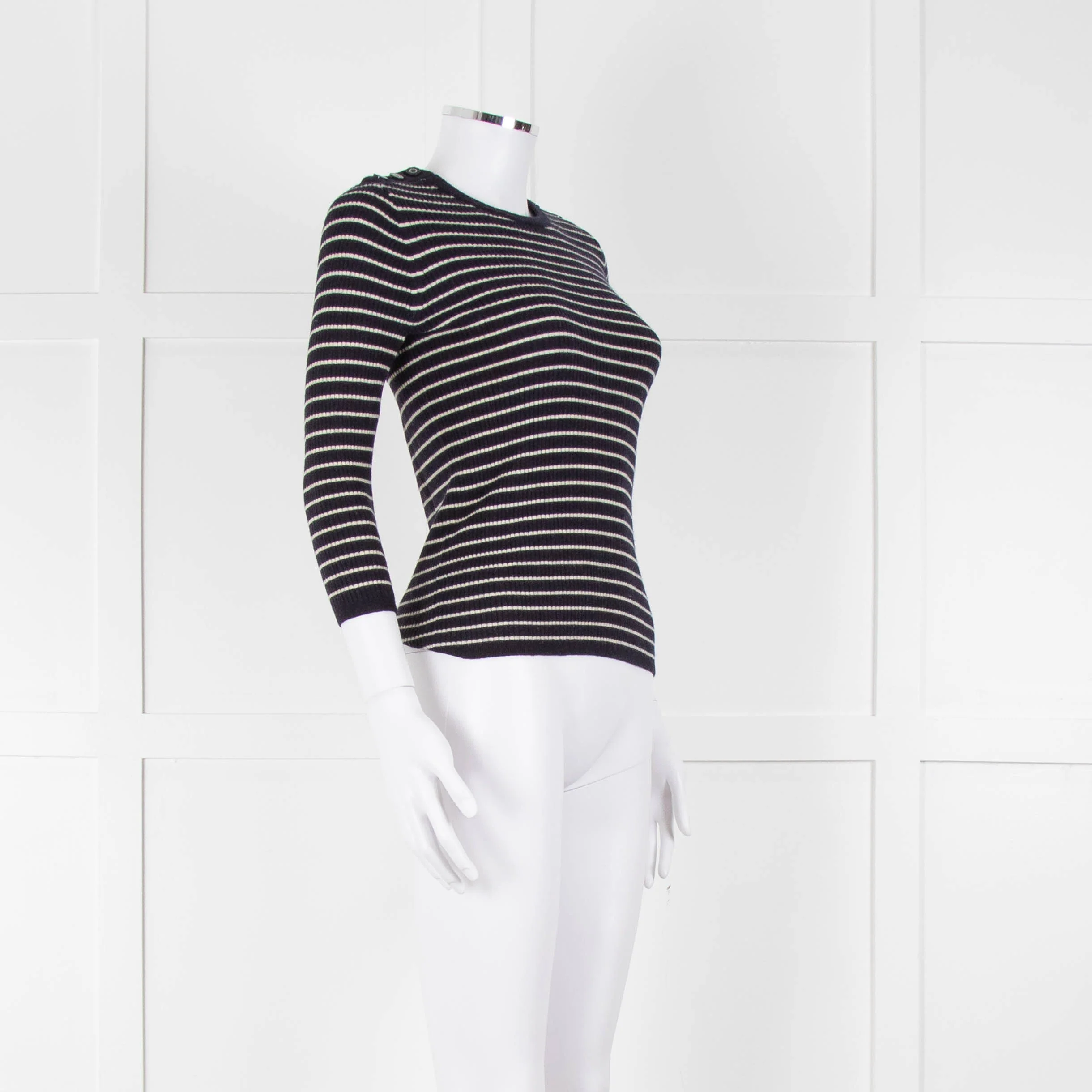 Tory Burch Navy Cream Stripe Wool Button Shoulder Jumper - Image 2