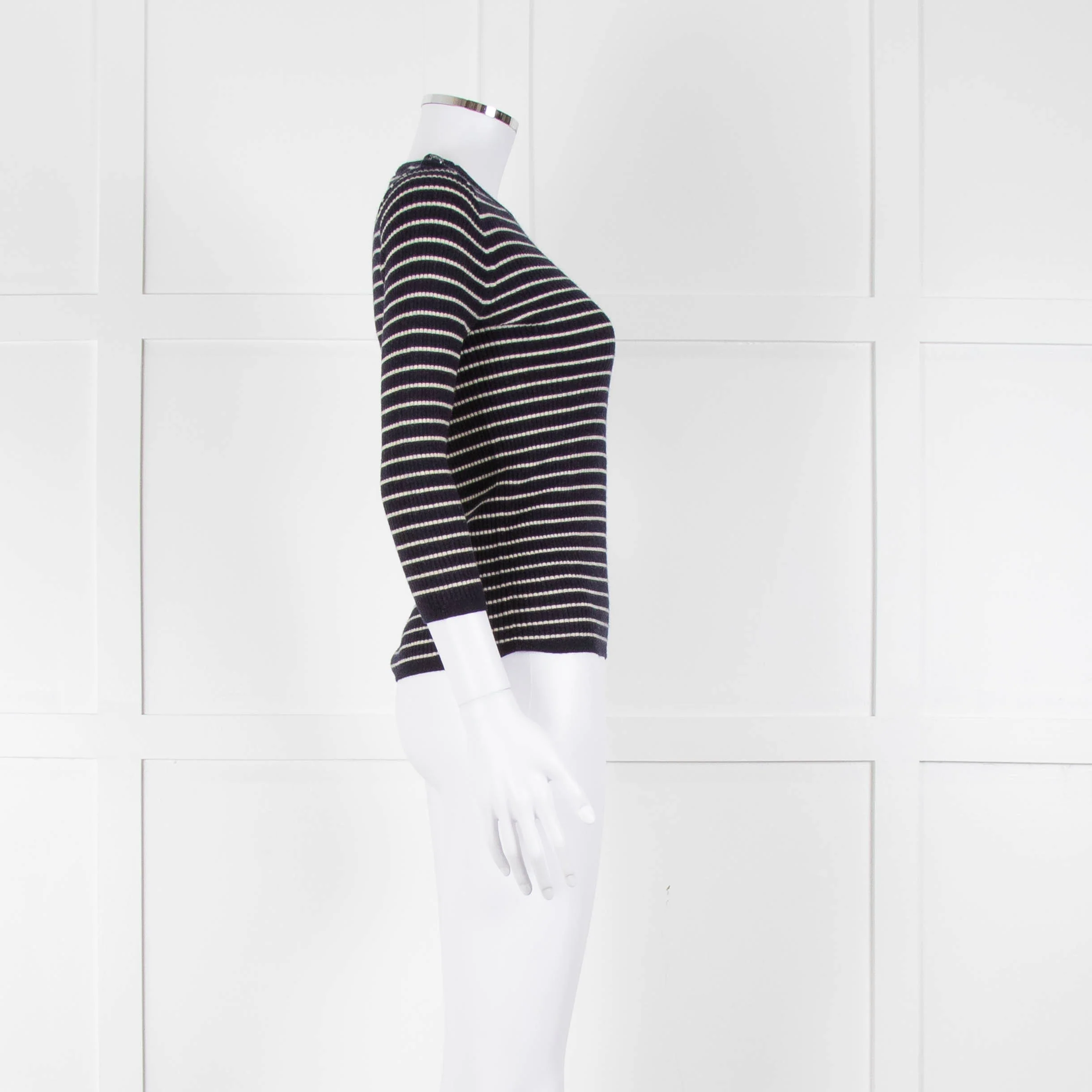 Tory Burch Navy Cream Stripe Wool Button Shoulder Jumper - Image 3