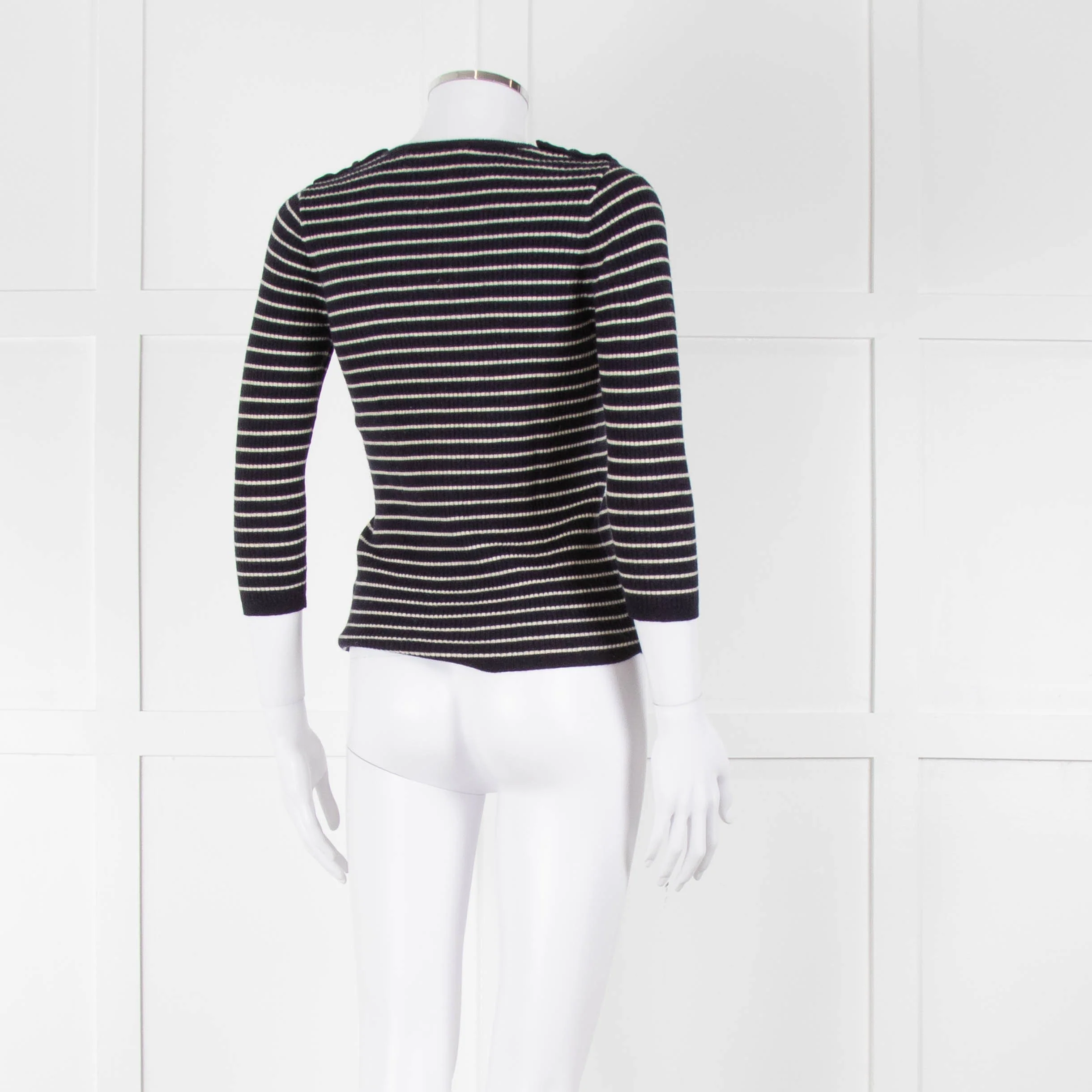 Tory Burch Navy Cream Stripe Wool Button Shoulder Jumper - Image 4