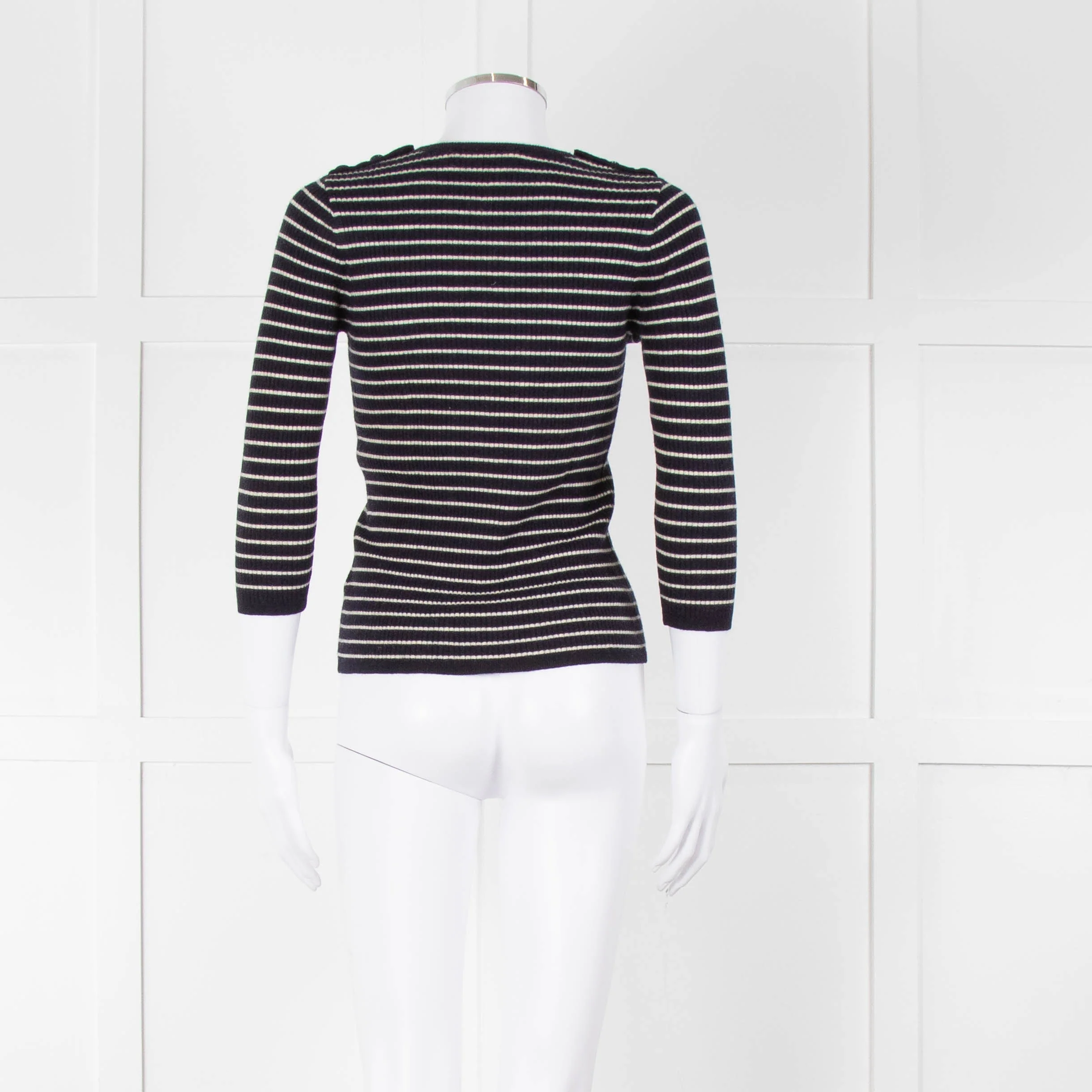 Tory Burch Navy Cream Stripe Wool Button Shoulder Jumper - Image 5