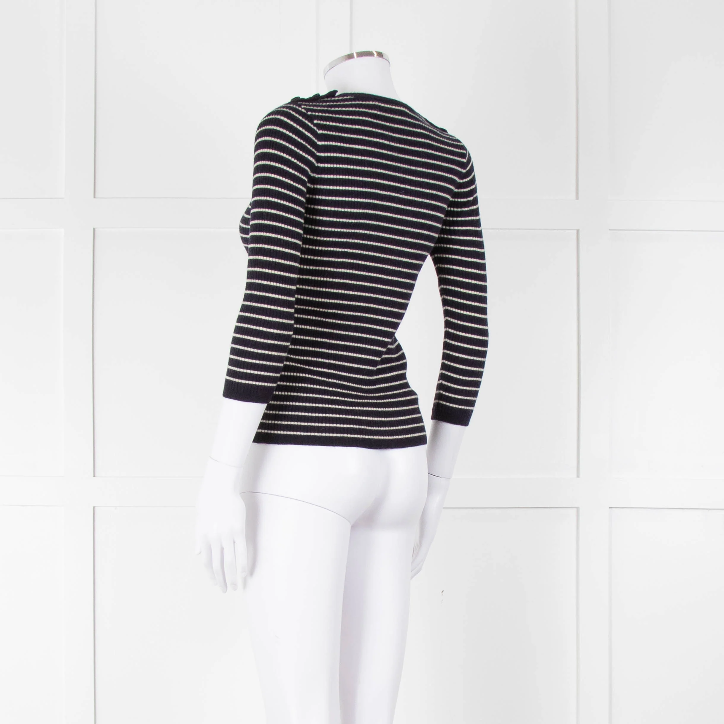 Tory Burch Navy Cream Stripe Wool Button Shoulder Jumper - Image 6