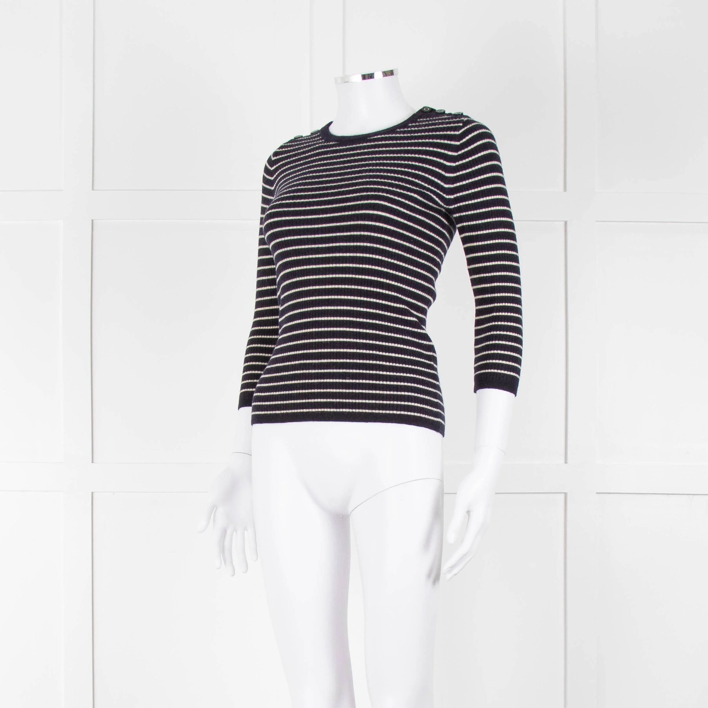 Tory Burch Navy Cream Stripe Wool Button Shoulder Jumper - Image 8