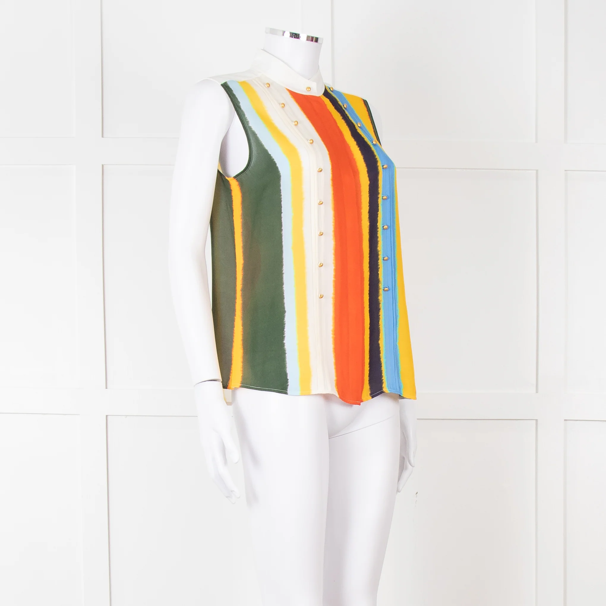 Tory Burch White Green Yellow Sleeveless Button Detail Top - Image 8