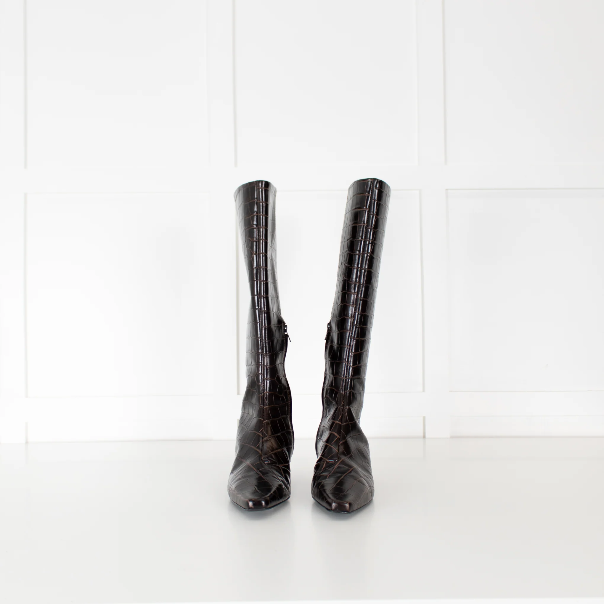Toteme 35mm Brown Embossed Croc Kitten Heel Knee High - Image 4