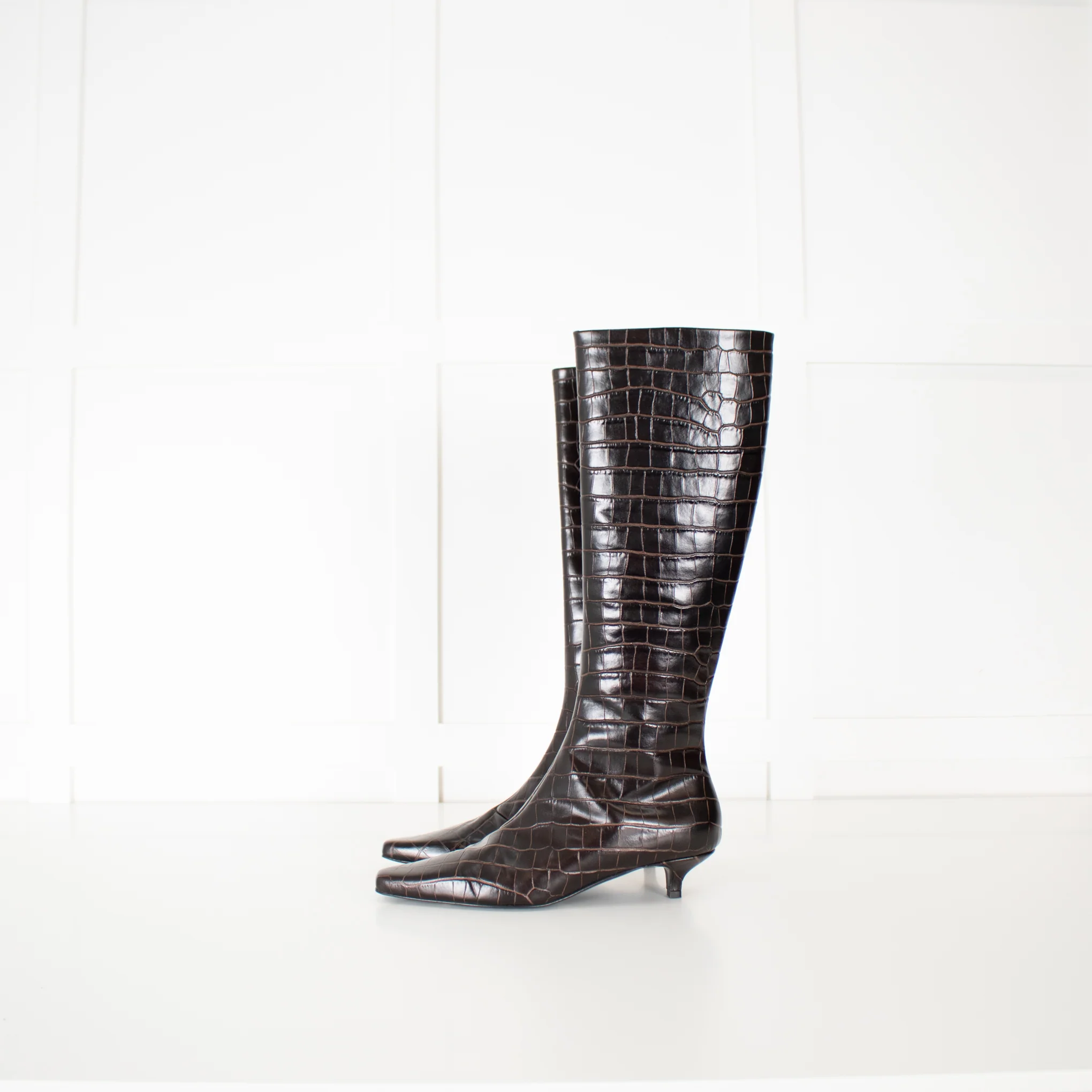 Toteme 35mm Brown Embossed Croc Kitten Heel Knee High - Image 5