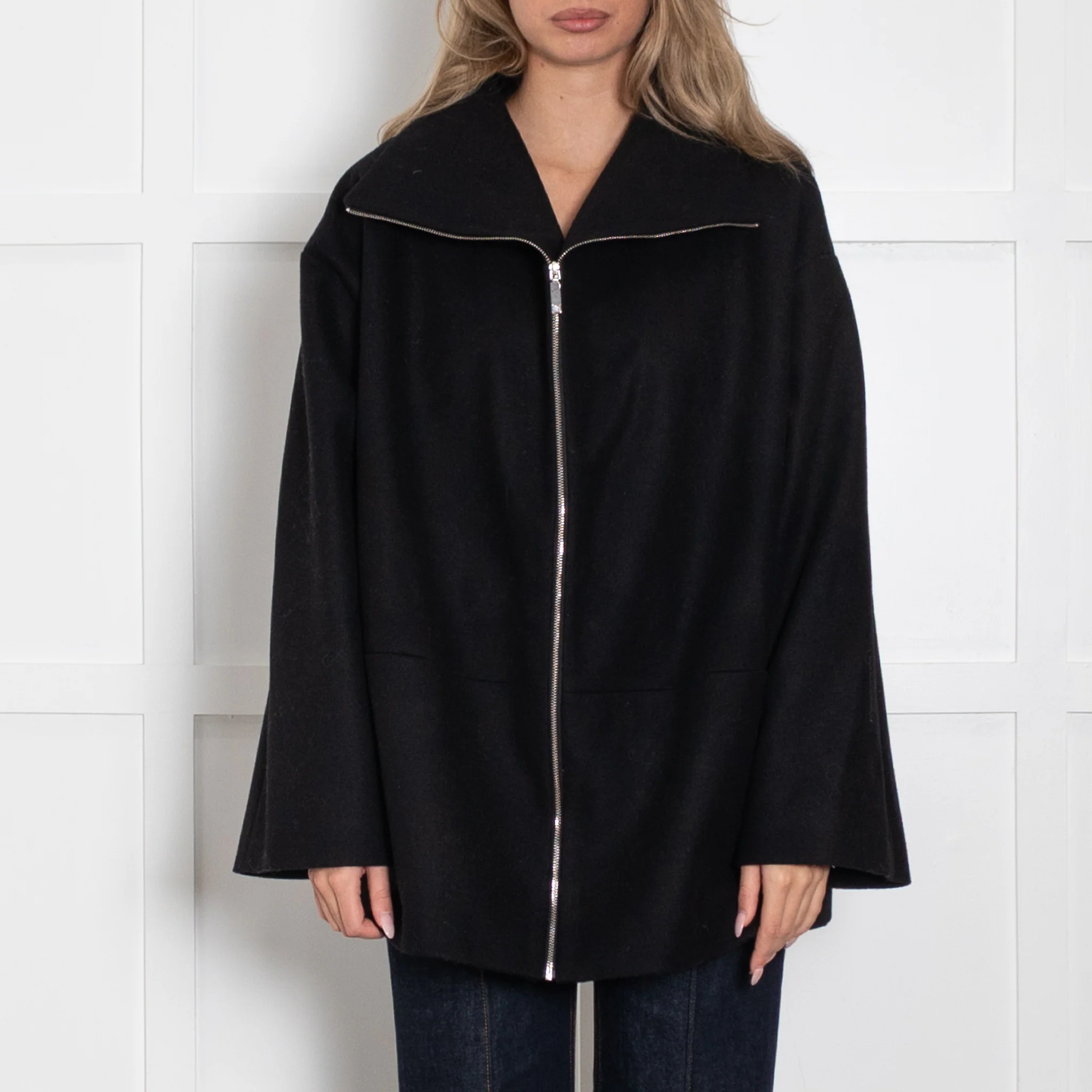 Toteme Black Zip Up Oversized Wool Funnel Neck Jacket - Image 2