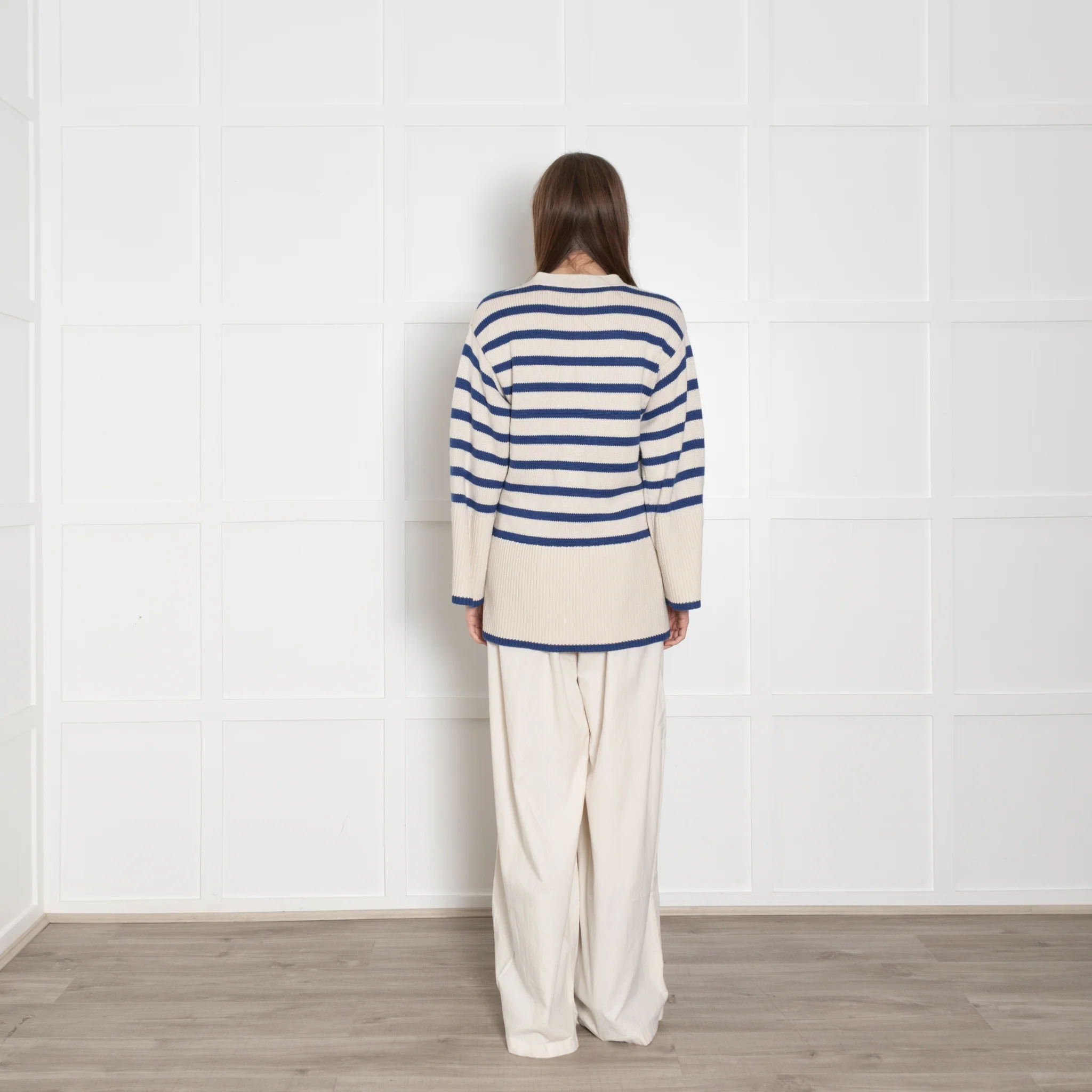 Toteme Blue and Cream Stripe Wool/ Cotton Mix Cardigan - Image 5
