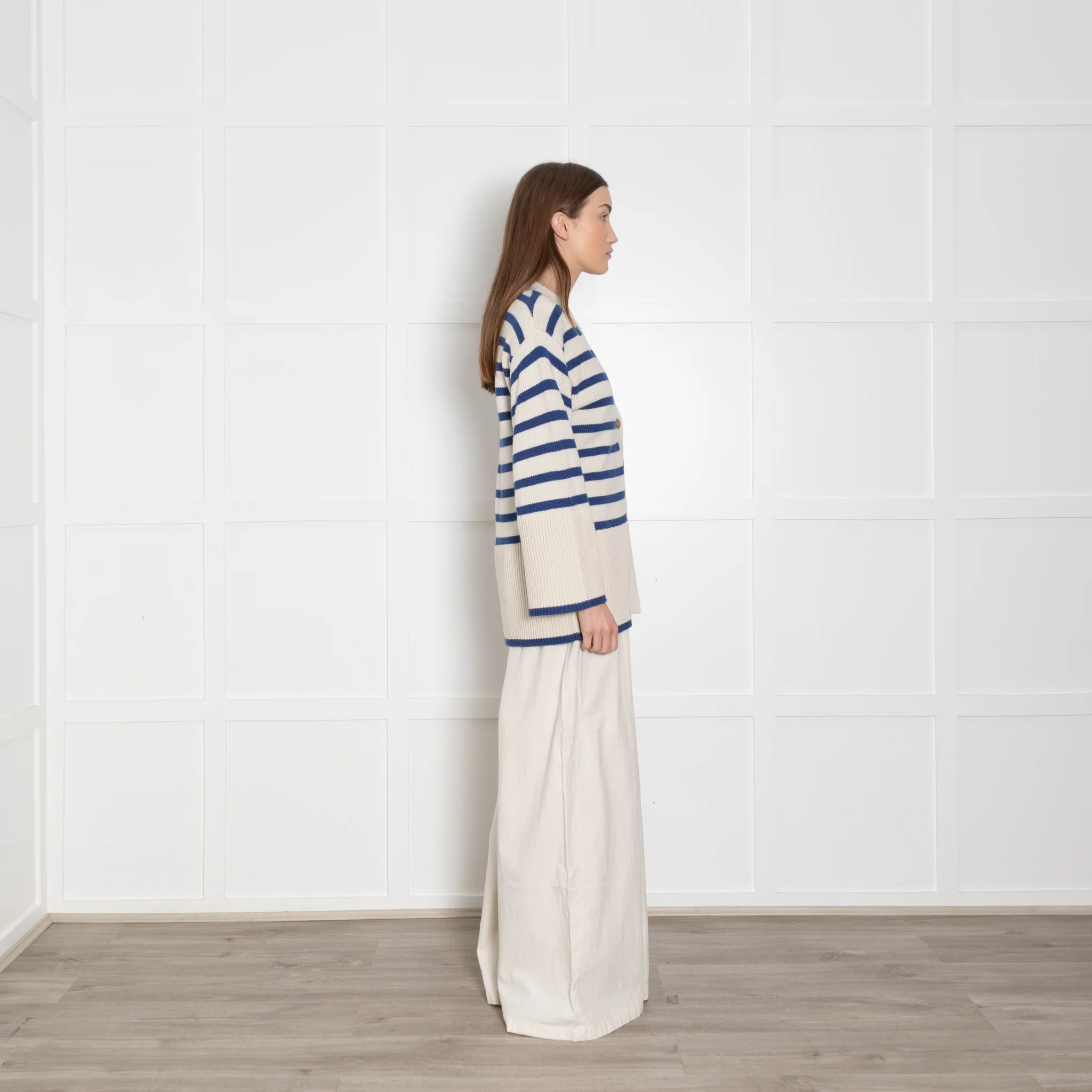 Toteme Blue and Cream Stripe Wool/ Cotton Mix Cardigan - Image 6