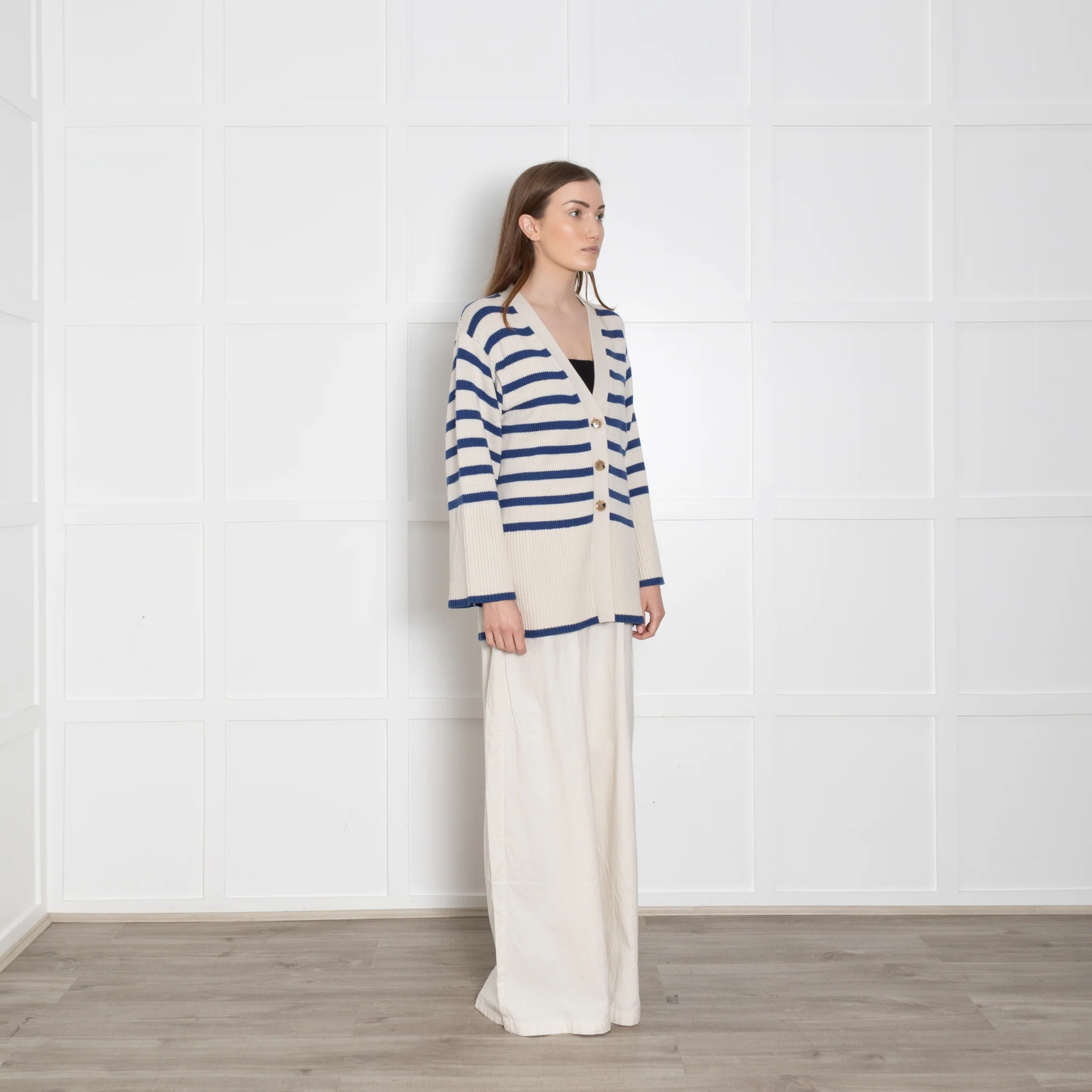 Toteme Blue and Cream Stripe Wool/ Cotton Mix Cardigan - Image 7