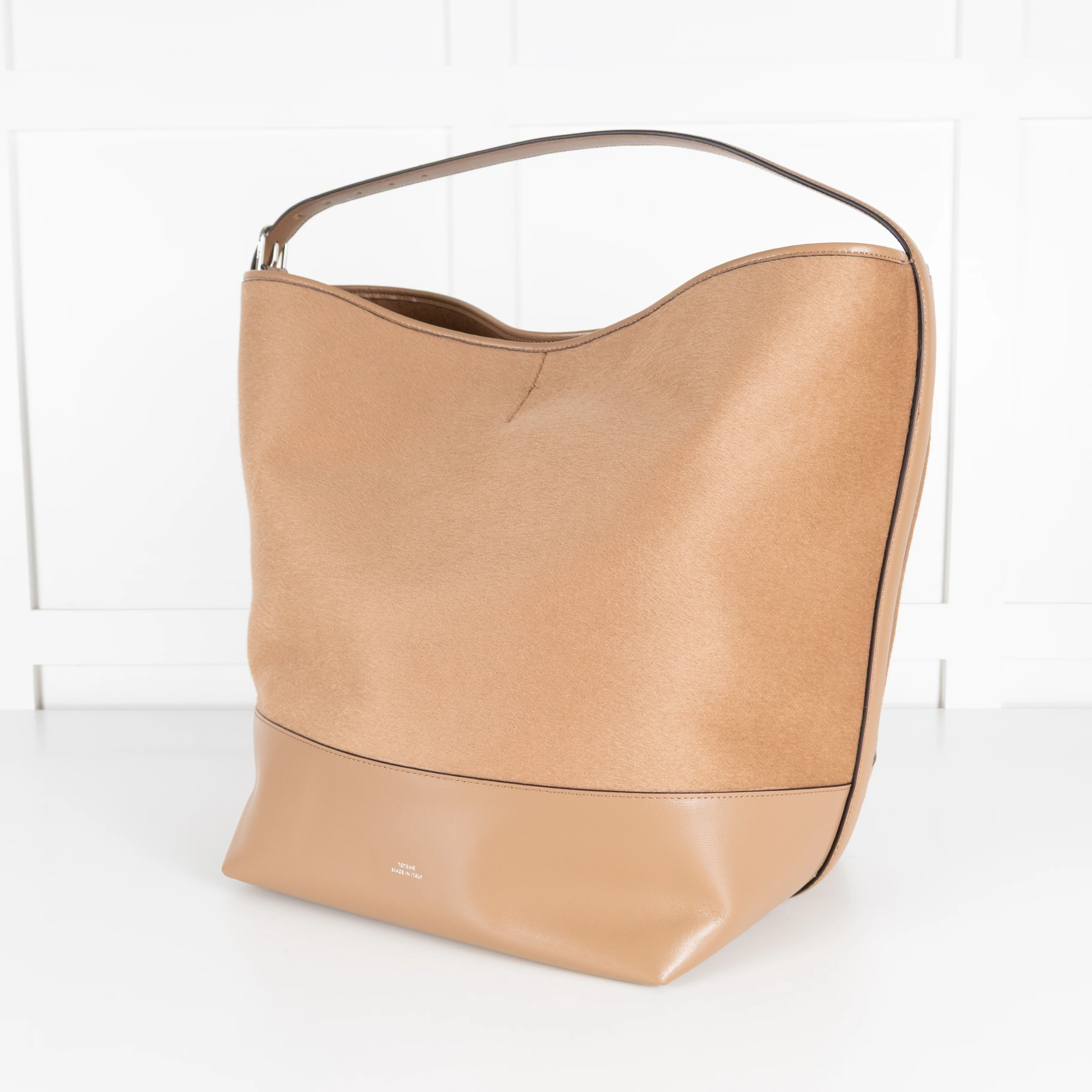 Toteme Camel Wool Felted Leather Trim Belted Tote Bag - Image 10