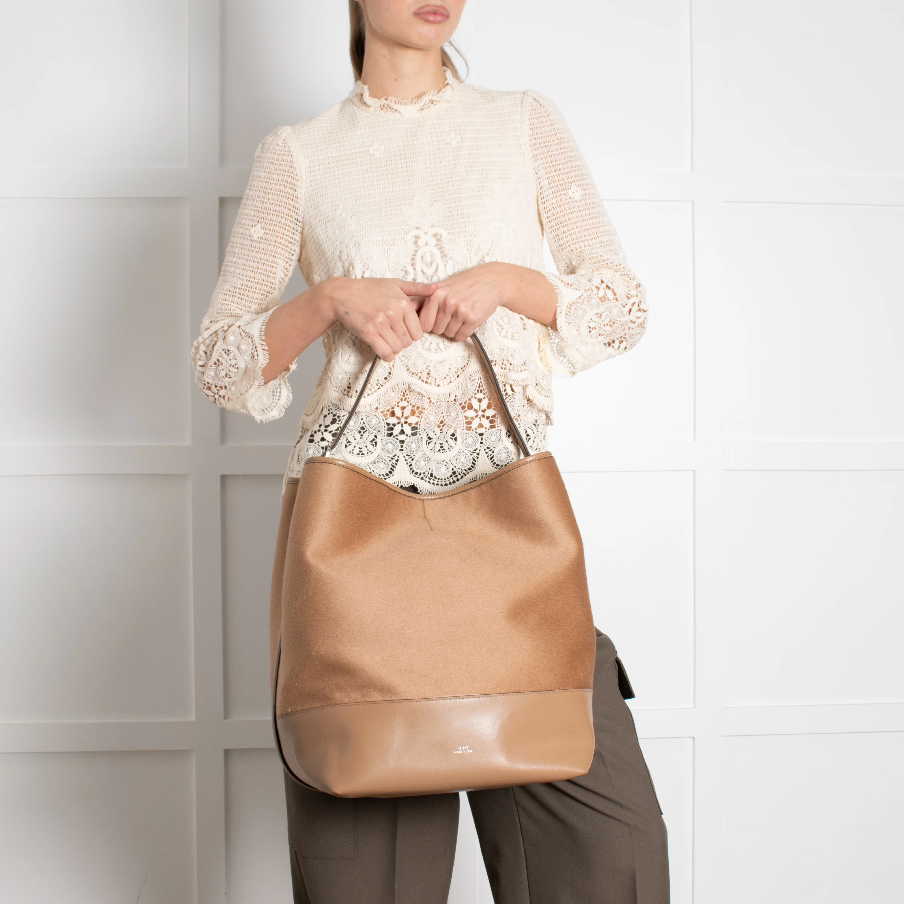 Toteme Camel Wool Felted Leather Trim Belted Tote Bag - Image 6