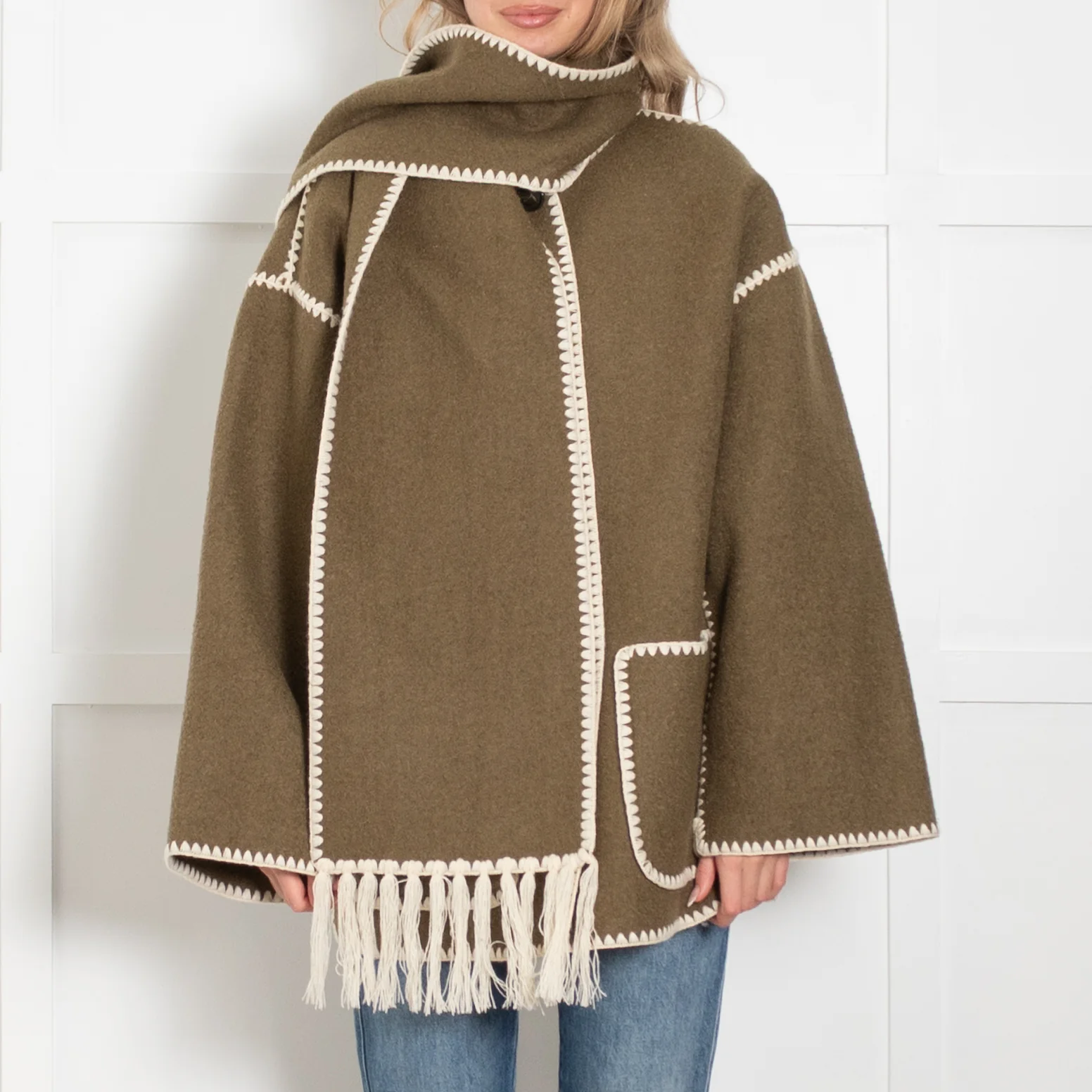 Toteme Green Scarf Neck Fringed Wool-Blend Jacket - Image 2
