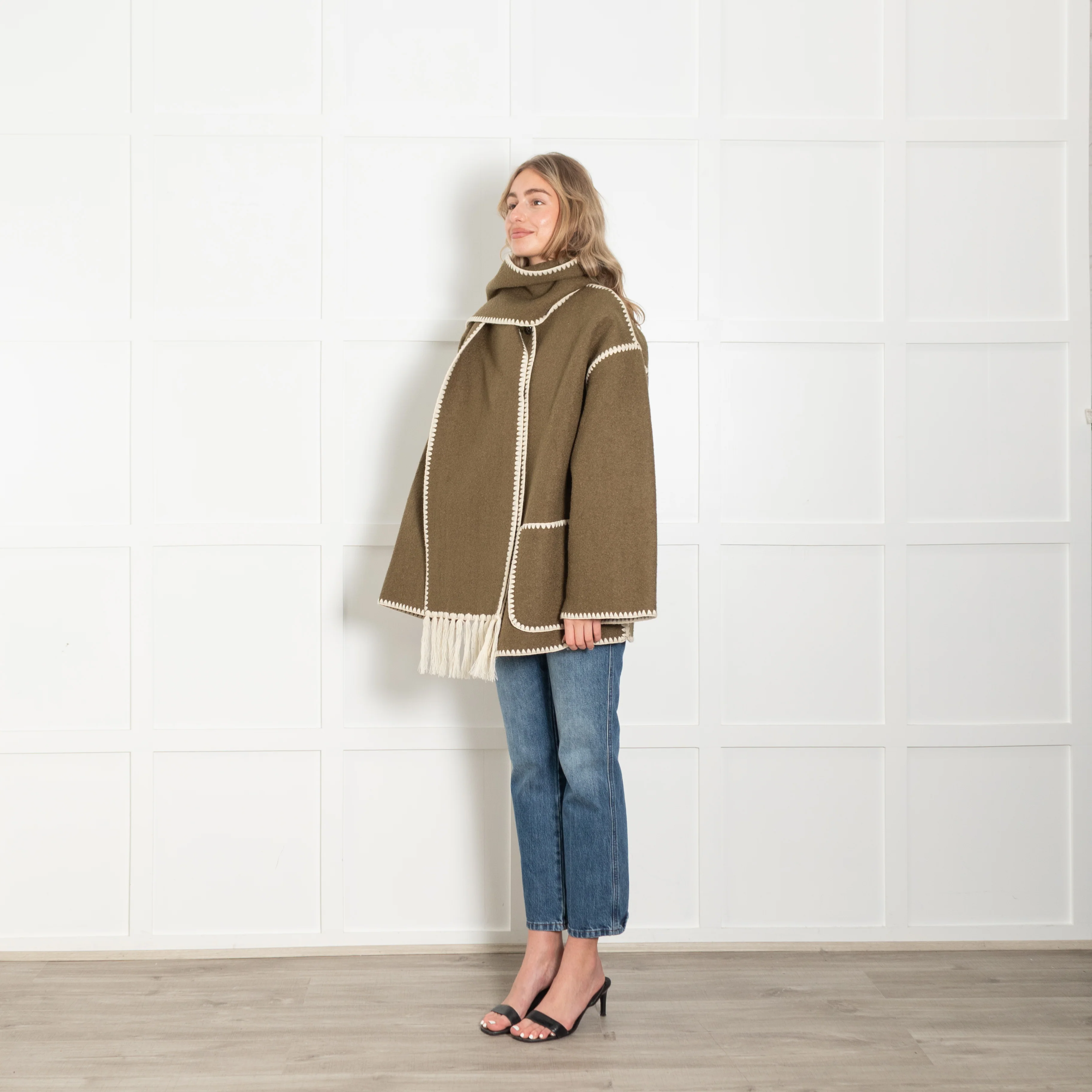 Toteme Green Scarf Neck Fringed Wool-Blend Jacket - Image 3