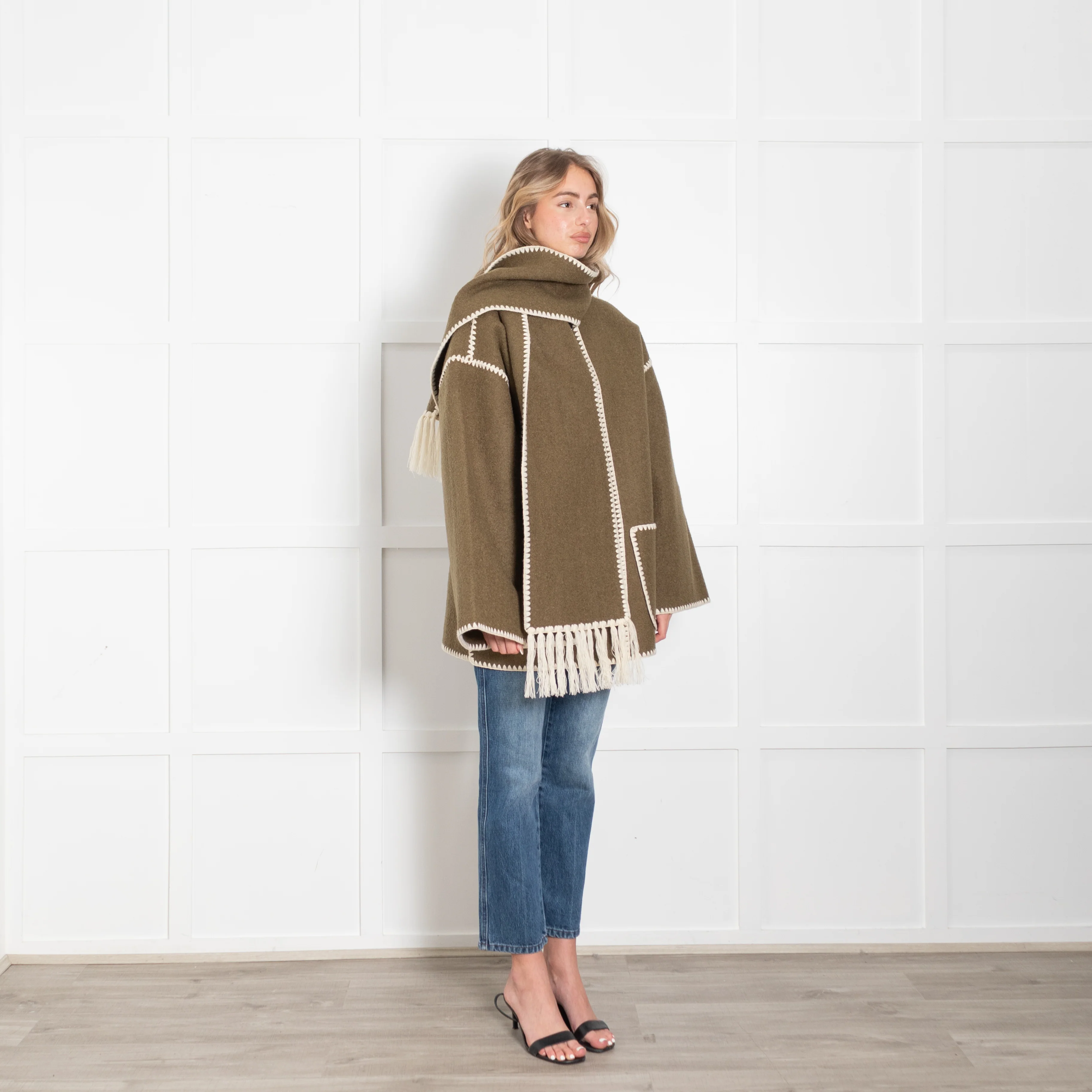 Toteme Green Scarf Neck Fringed Wool-Blend Jacket - Image 7