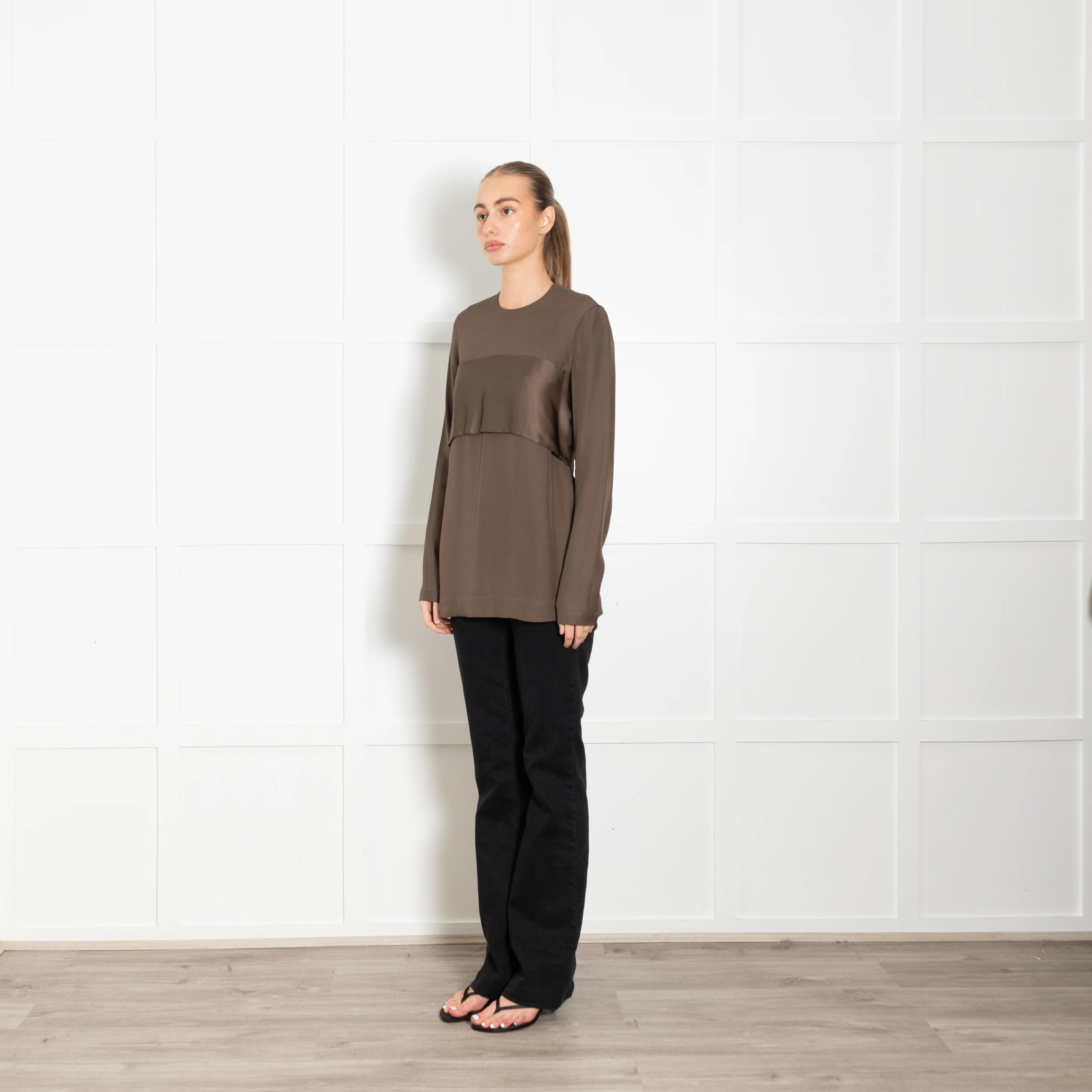 Toteme Olive Green Satin Sash Crepe Top - Image 3