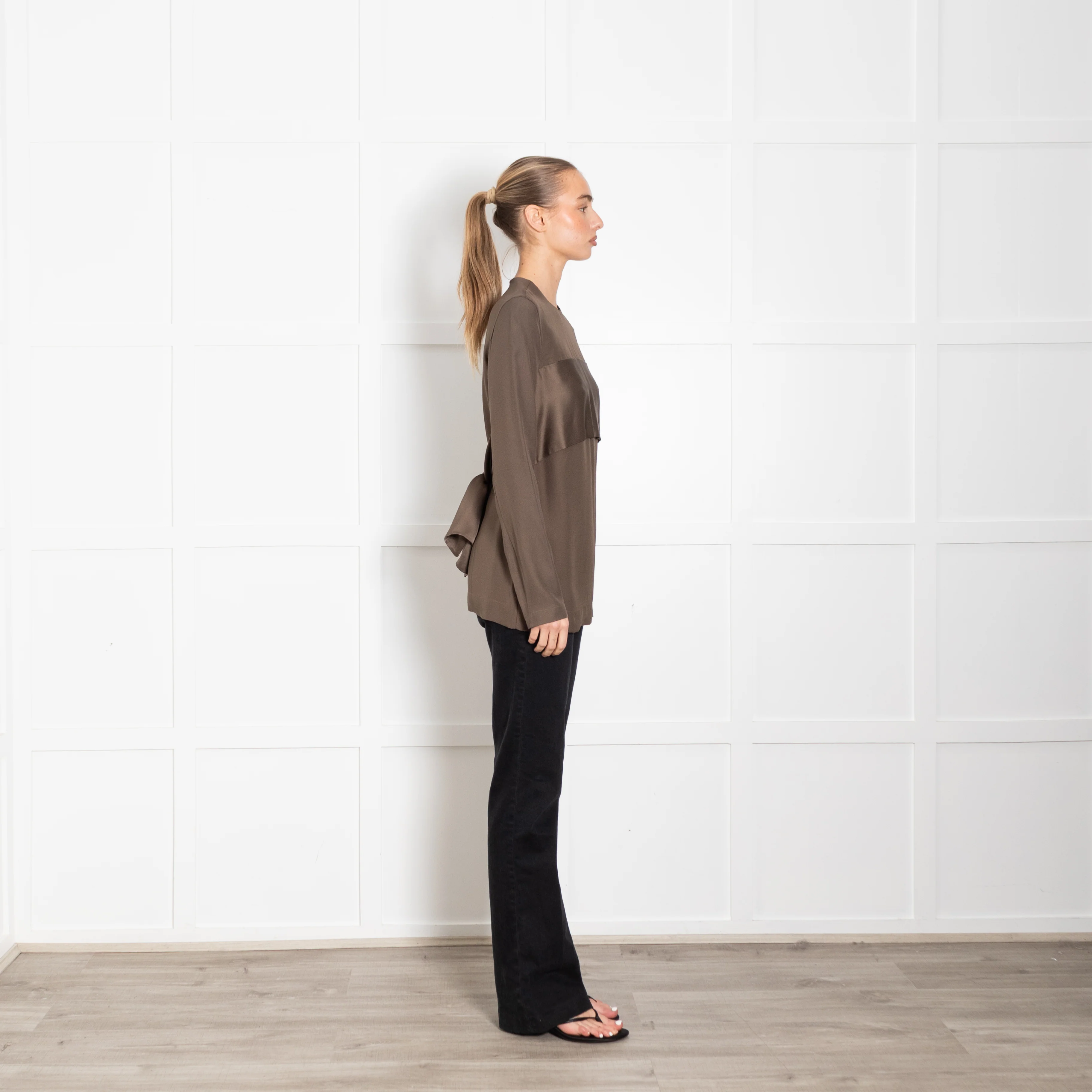 Toteme Olive Green Satin Sash Crepe Top - Image 6