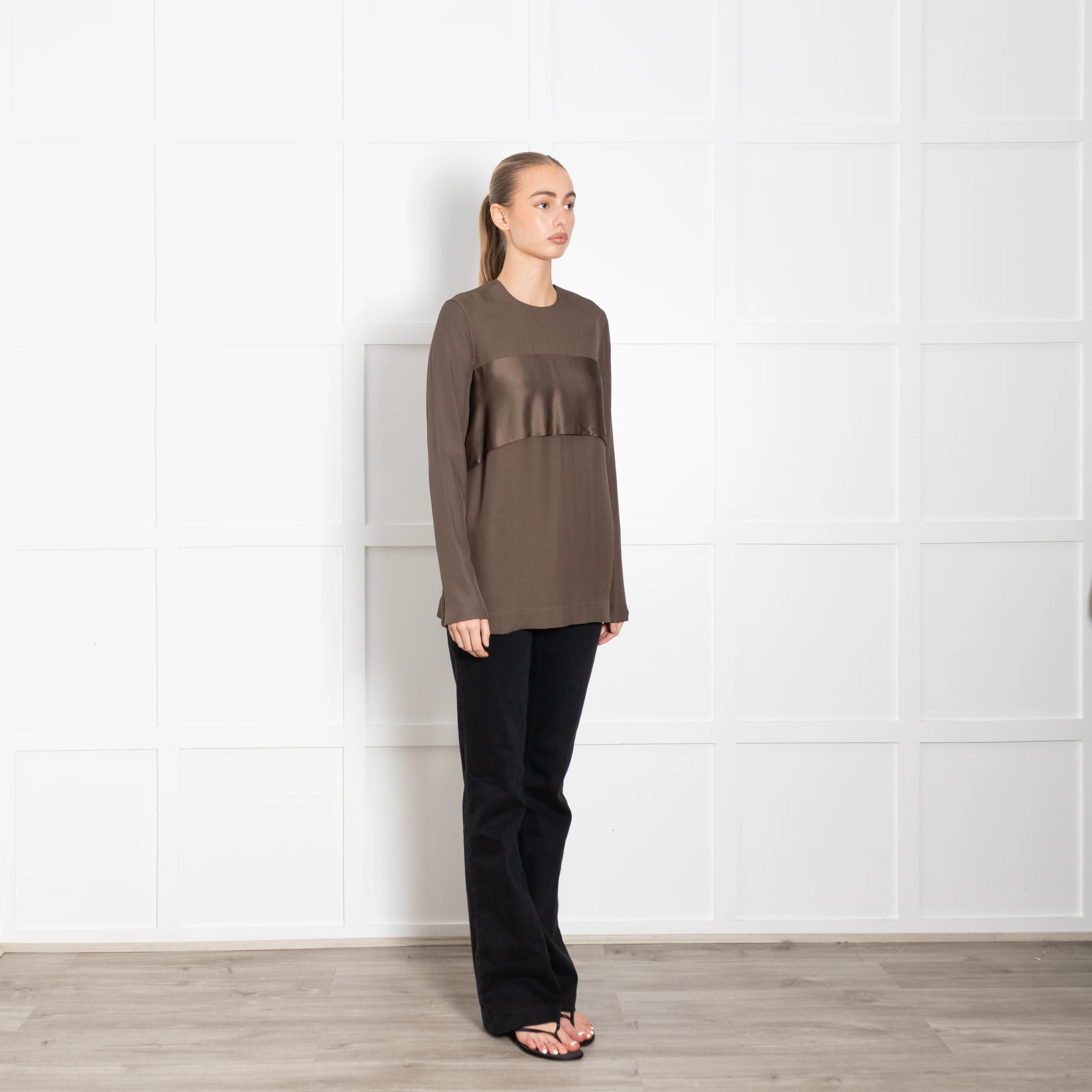 Toteme Olive Green Satin Sash Crepe Top - Image 7