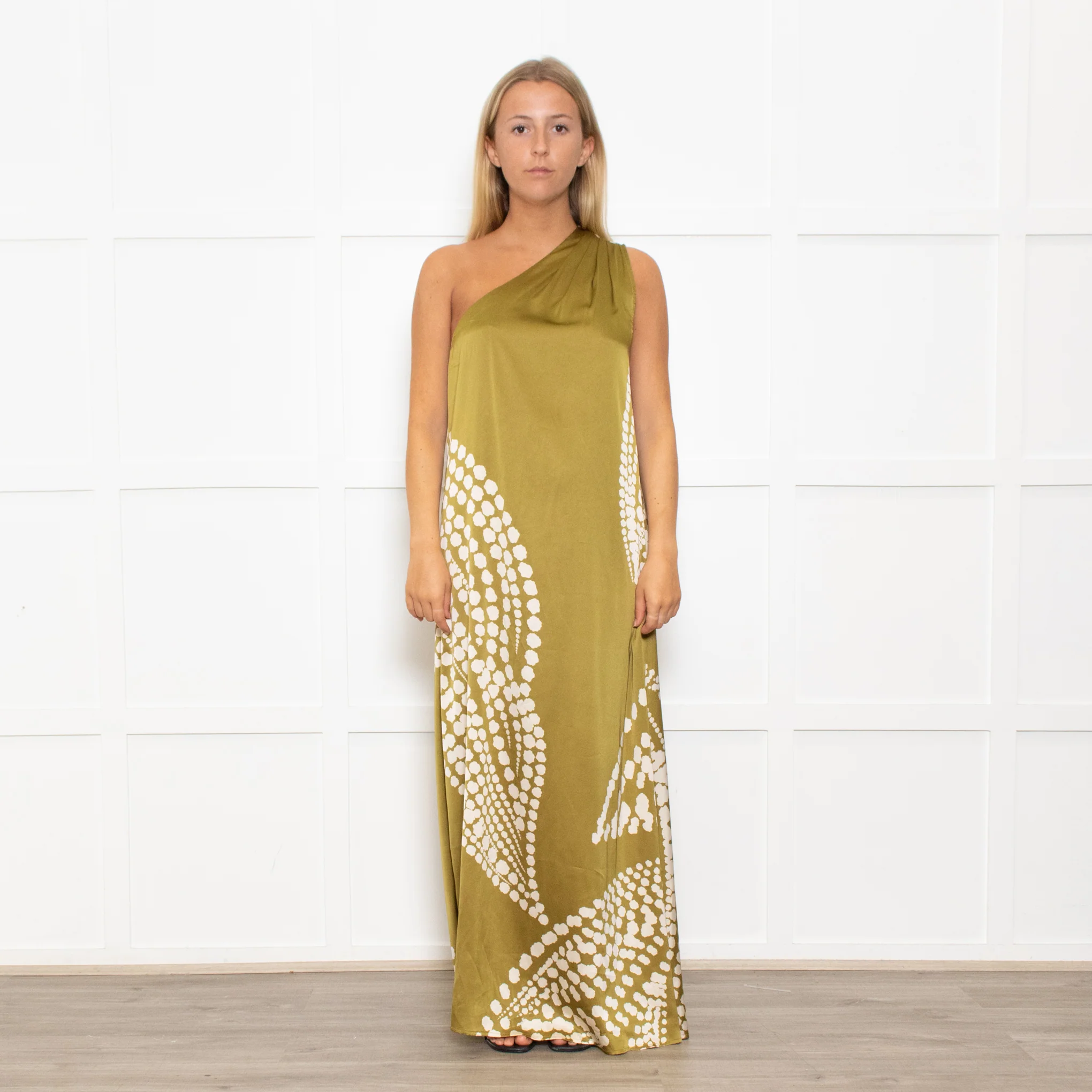 Traffic People One Shoulder Green Polka Dot Dress
