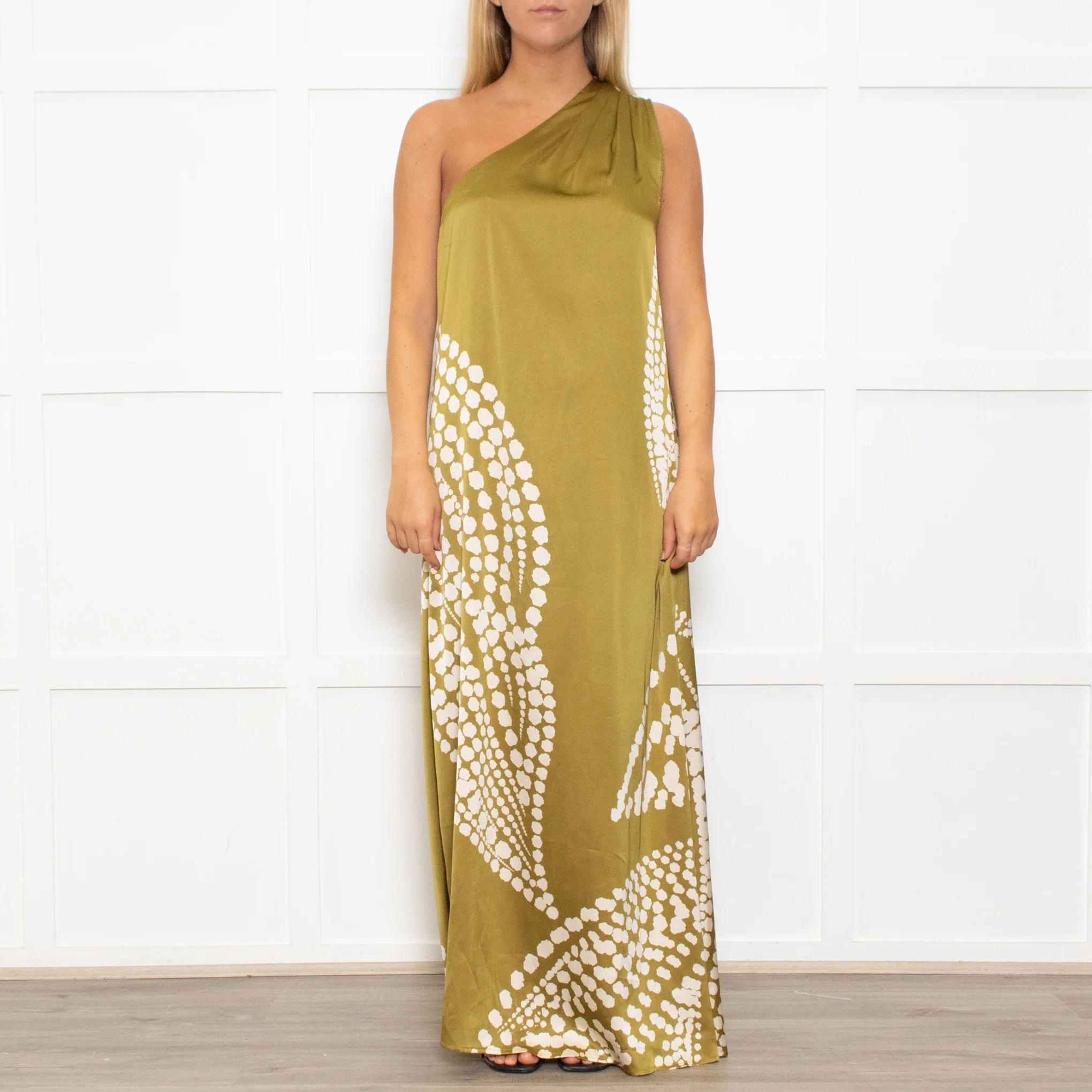 Traffic People One Shoulder Green Polka Dot Dress - Image 2