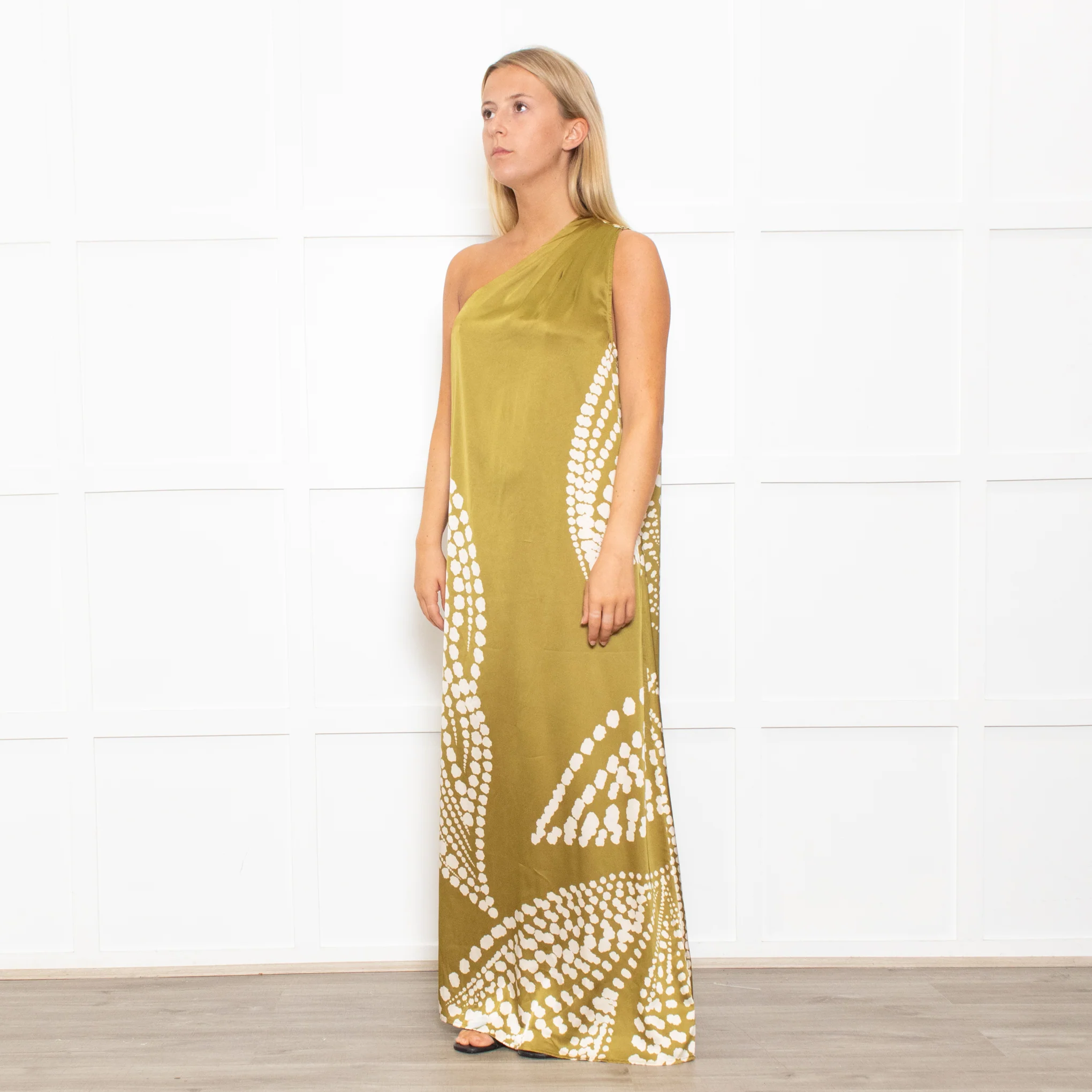 Traffic People One Shoulder Green Polka Dot Dress - Image 3