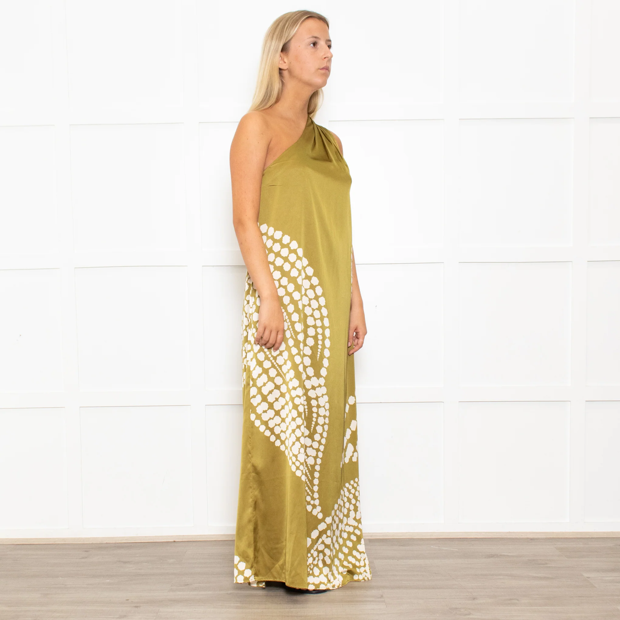 Traffic People One Shoulder Green Polka Dot Dress - Image 7